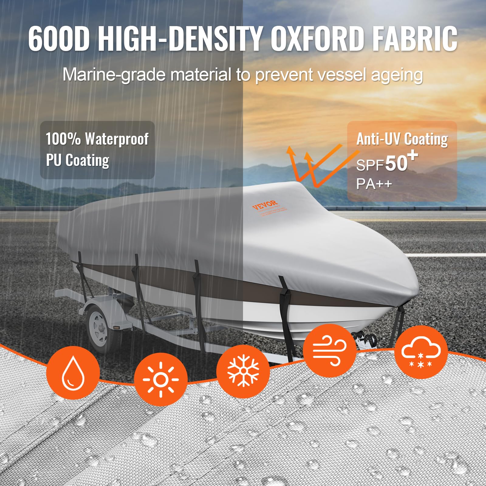 Vevor Boat Cover, 16'-18.5' Trailerable Waterproof Boat Cover, 600D Marine Grade Pu Oxford, With Motor Cover And Buckle Straps,