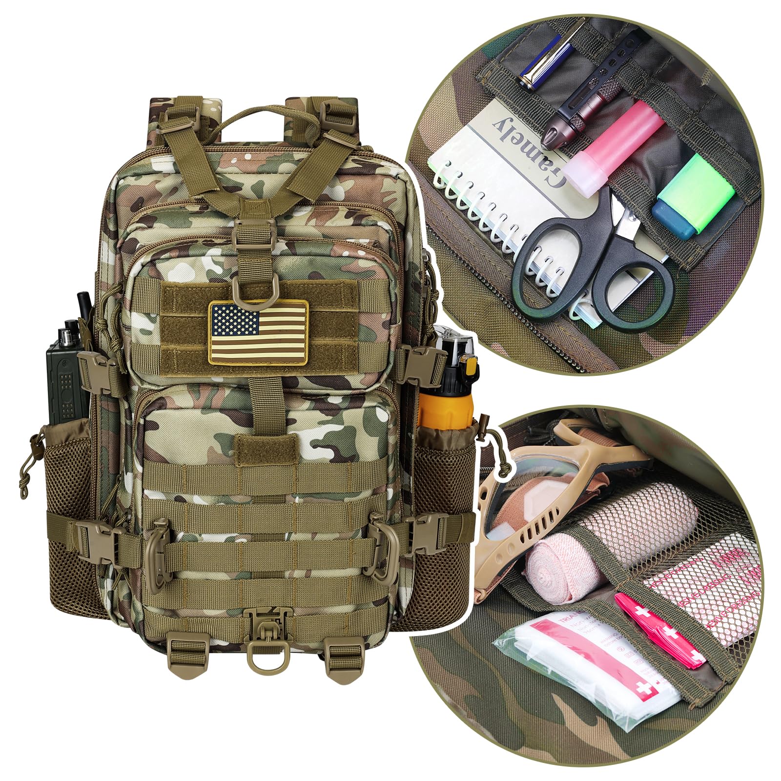 Hannibal Tactical 30L Molle Assault Pack, Tactical Backpack Military Army Camping Rucksack With Bottle Holder, 3-Day Pack, Cp