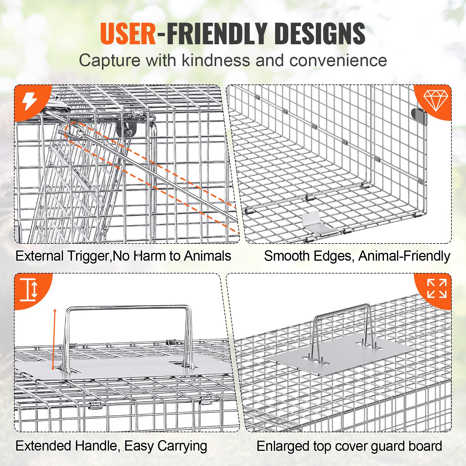 Vevor Live Animal Cage Trap, 50'' X 20'' X 26'' Humane Cat Trap Galvanized Iron, Folding Animal Trap With Handle For Stray Dogs,