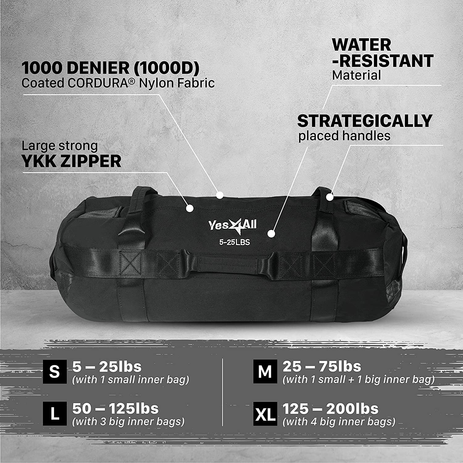 Yes4All Workout Sandbags, Heavy Duty Sandbags For Fitness, Conditioning, Mma & Combat Sports - Black - S