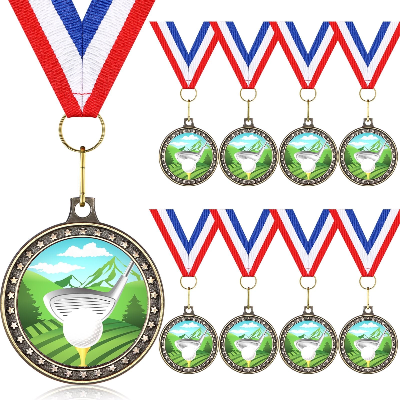 Inbagi 8 Pcs Golf Color Medal with Neck Ribbons 2 Inches Gold Golf Ball Medal for Awards for Adults Tournament Sports Competitio
