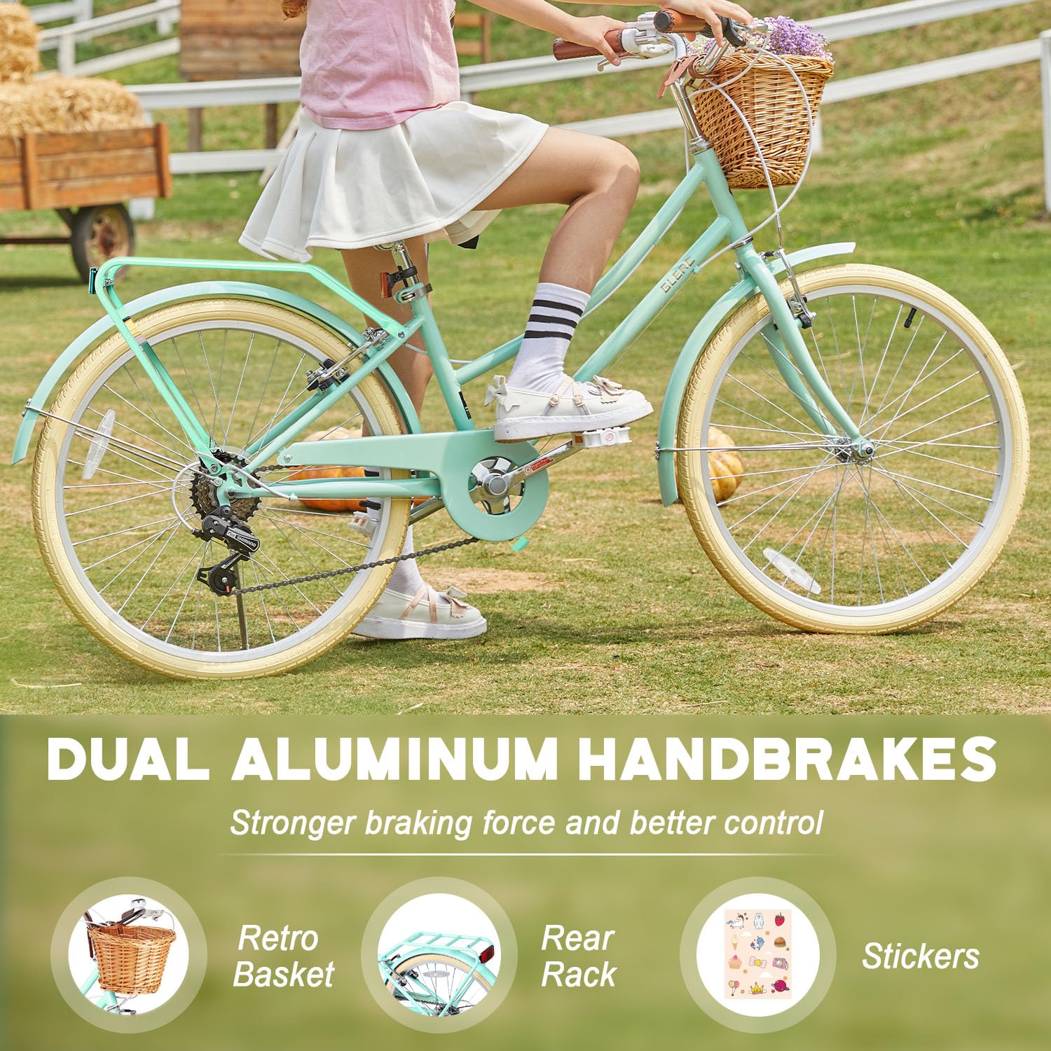 Glerc 24 Inch Beach Cruiser Bike, 6-Speed Hybrid City Bicycle for Girls Youth and Over 6 Years Old, Missy Bike with Wicker Baske