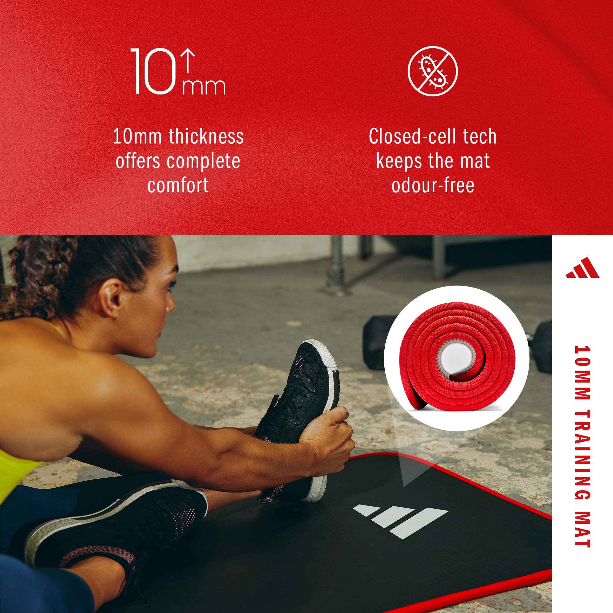 Adidas 10mm Extra Thick Training Mat with Carrying Strap and Non-Slip Textured Base - Cushioned Workout Mat for Home Gym, Floor