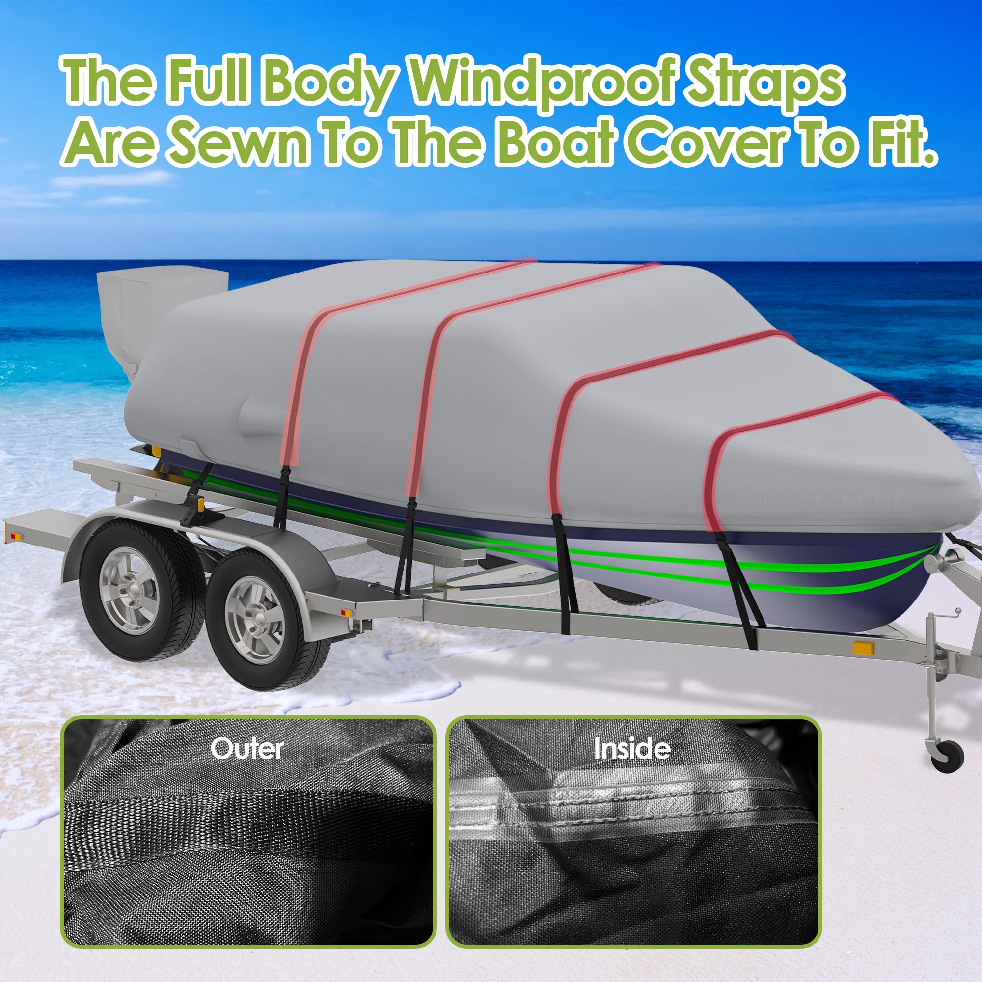 K-Musculo Heavy Duty 800D Waterproof Boat Cover, Tear & Uv Resistant With Motor Cover, Fits V-Hull, Tri-Hull, Runabout (Width 10