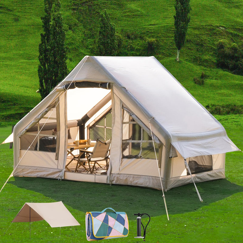 4-6 Person Inflatable Cabin Camping Tent With Canopy, Picnic Blanket - Waterproof, Easy Setup