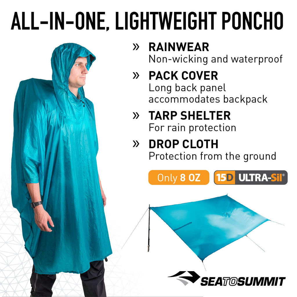 Sea To Summit Ultra-Sil Nano Tarp Poncho 4-In-1 Raincoat, Pack Cover, Groundsheet, And Shelter, Pacific Blue