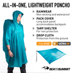 Sea To Summit Ultra-Sil Nano Tarp Poncho 4-In-1 Raincoat, Pack Cover, Groundsheet, And Shelter, Pacific Blue