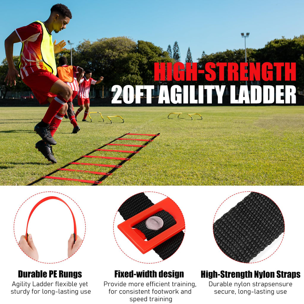 Agility Speed Training Equipment Set - 20Ft Speed Ladder, 12 Cones, 4 Adjustable Hurdles, Jump Rope, Parachute, 3 Resistance Ban