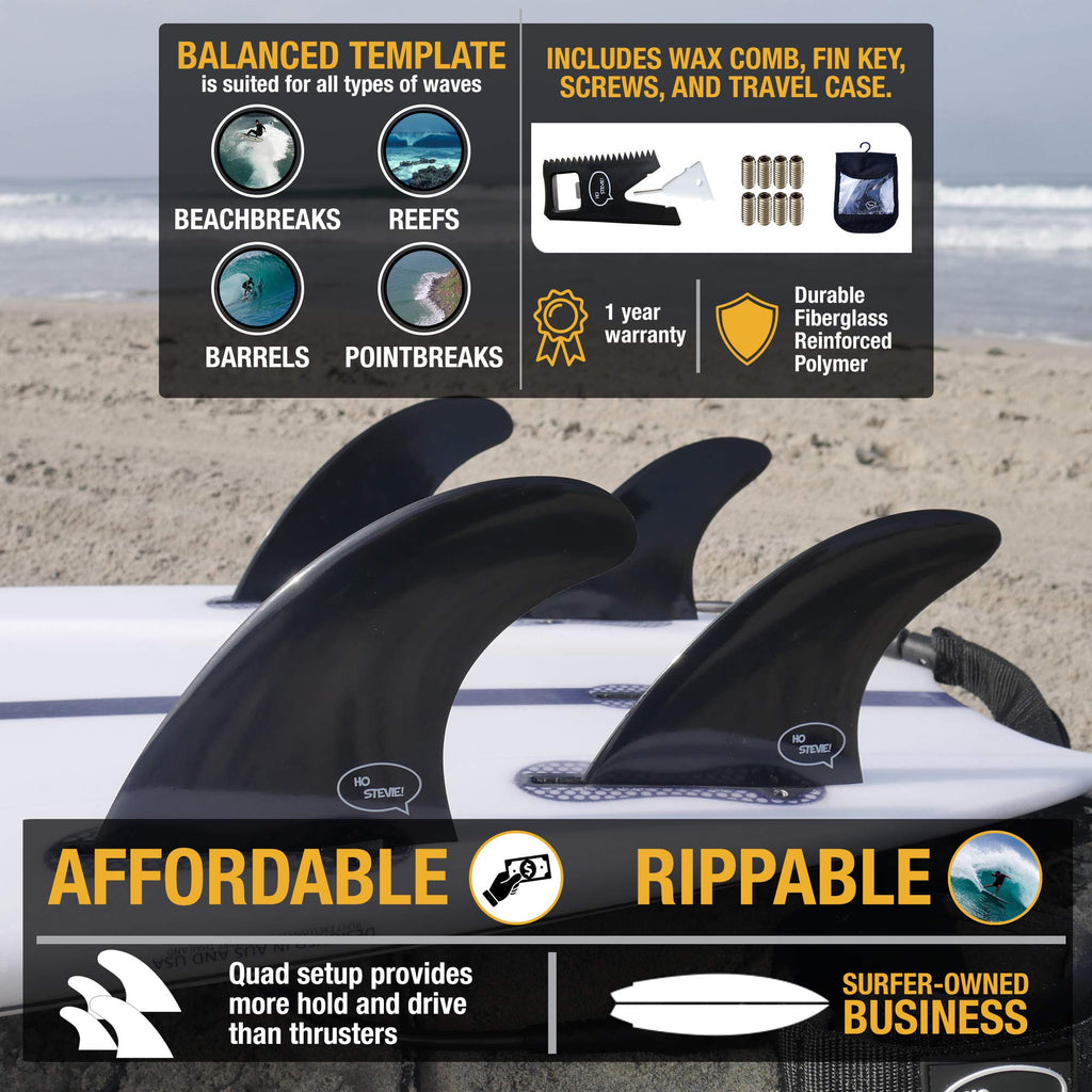 Ho Stevie! Frp Quad (4) Surfboard Fins - Stronger Than Regular Nylon Fins - Includes Fin Bag, Screws, Wax Comb And Fin Key (Whit