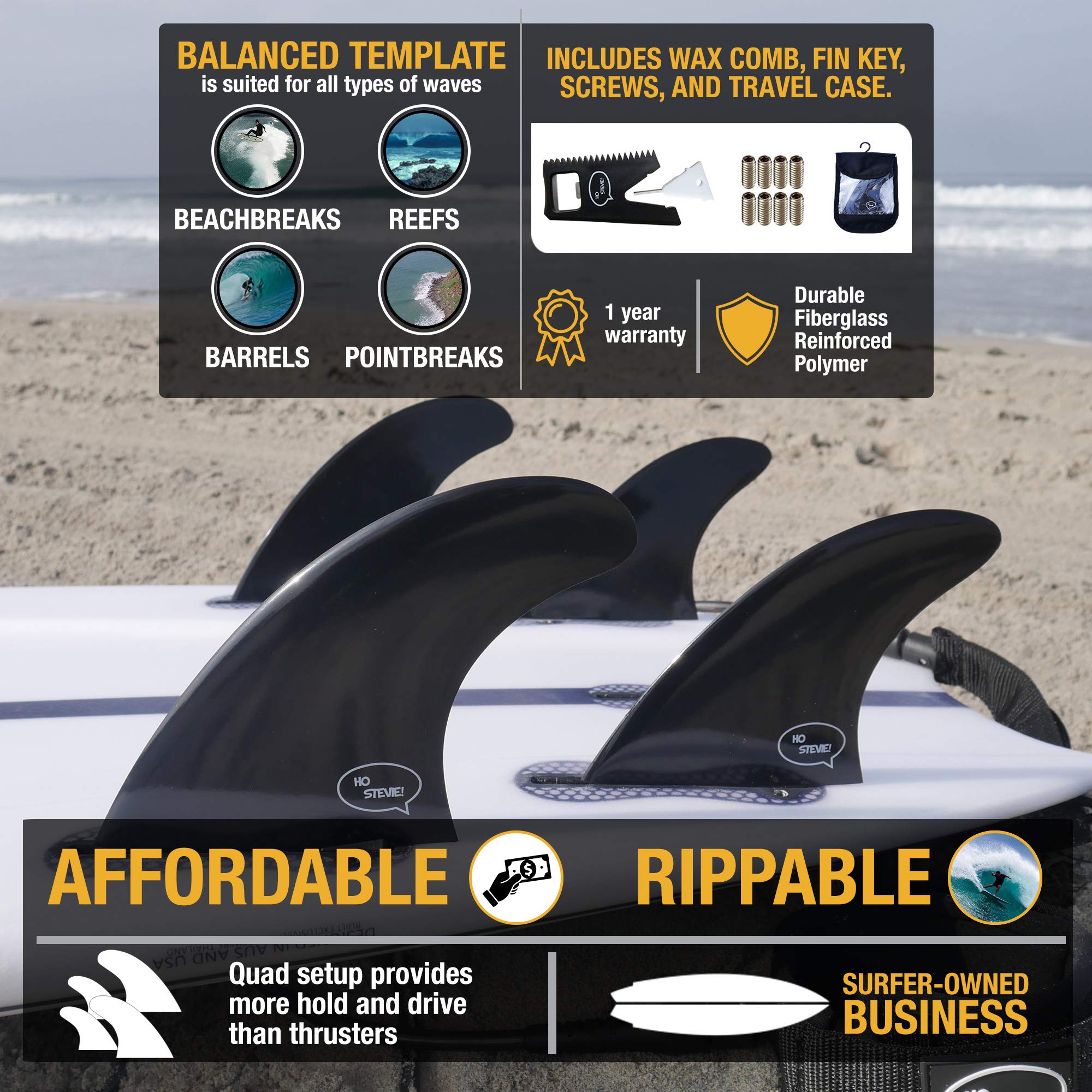 Ho Stevie! Frp Quad (4) Surfboard Fins - Stronger Than Regular Nylon Fins - Includes Fin Bag, Screws, Wax Comb And Fin Key (Whit