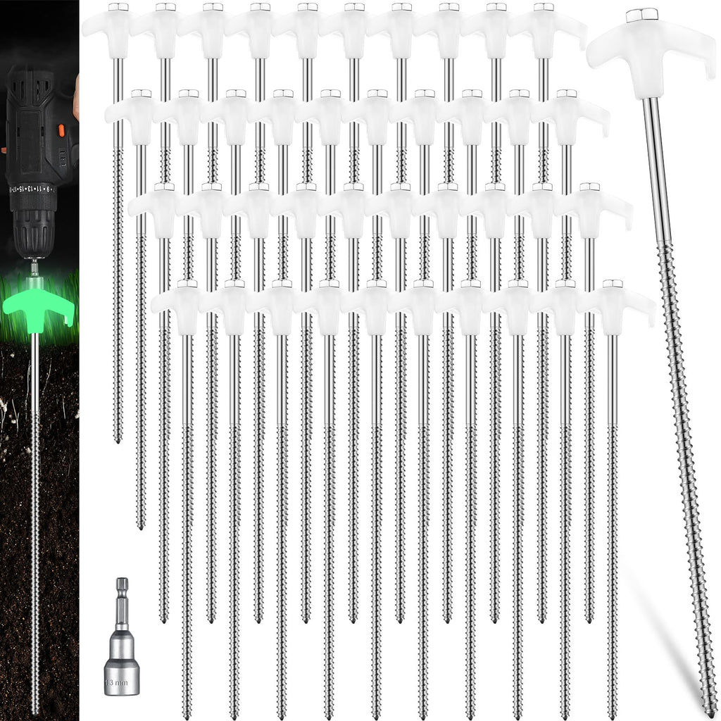 Hicarer 40 Pcs 12 Inch Tent Stakes Screw In Camping Stakes Heavy Duty Metal Spikes Ground Anchor Peg Threaded Tent Spikes With H
