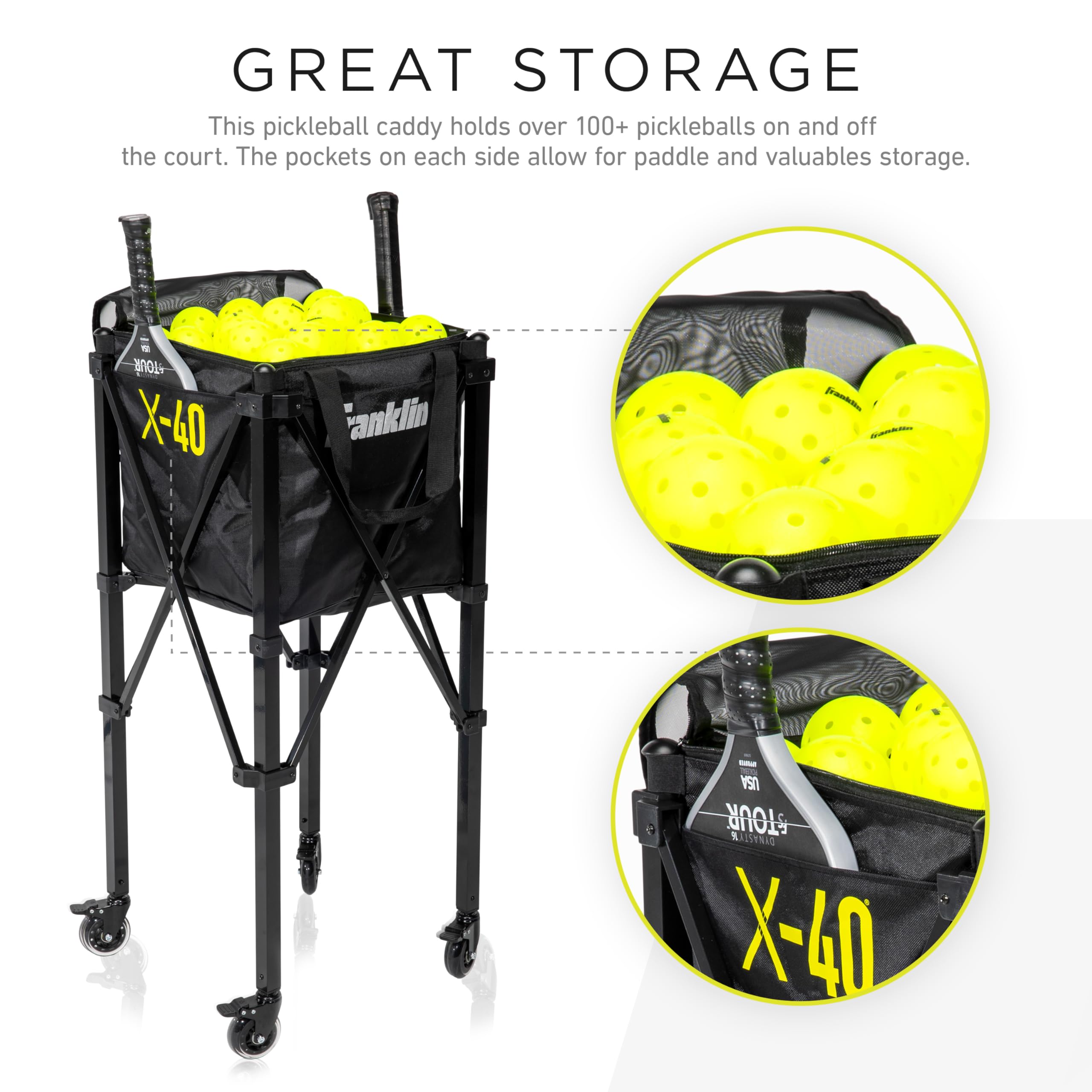 Franklin Sports Portable Pickleball Hopper + Carry Bag - (100) Ball Pickleball Caddy + Travel Basket With Wheels - Easy Storage