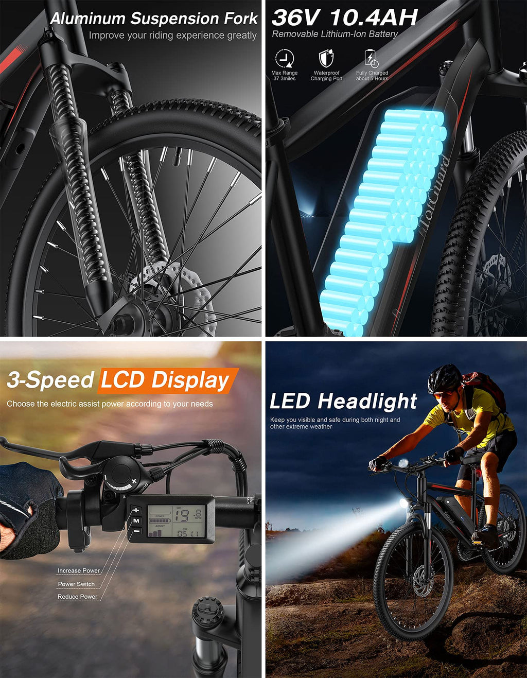 Totguard Electric Bike, Bike For Adults 26'' Ebike With 350W Motor, 19.8Mph Mountain Lockable Suspension Fork, Removable 36V/10.