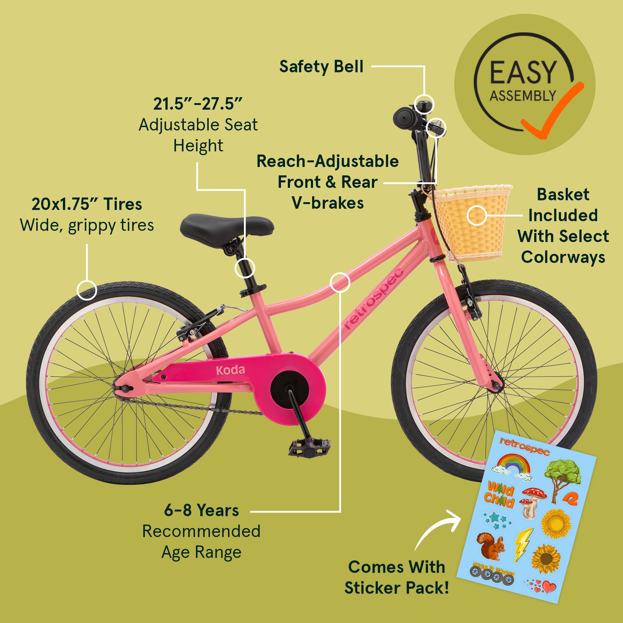 Retrospec Koda 20in Kids Bike with Adjustable Seat & Handlebars - Lightweight Boys & Girls Bicycle with v-Brakes, Wide Tires & S