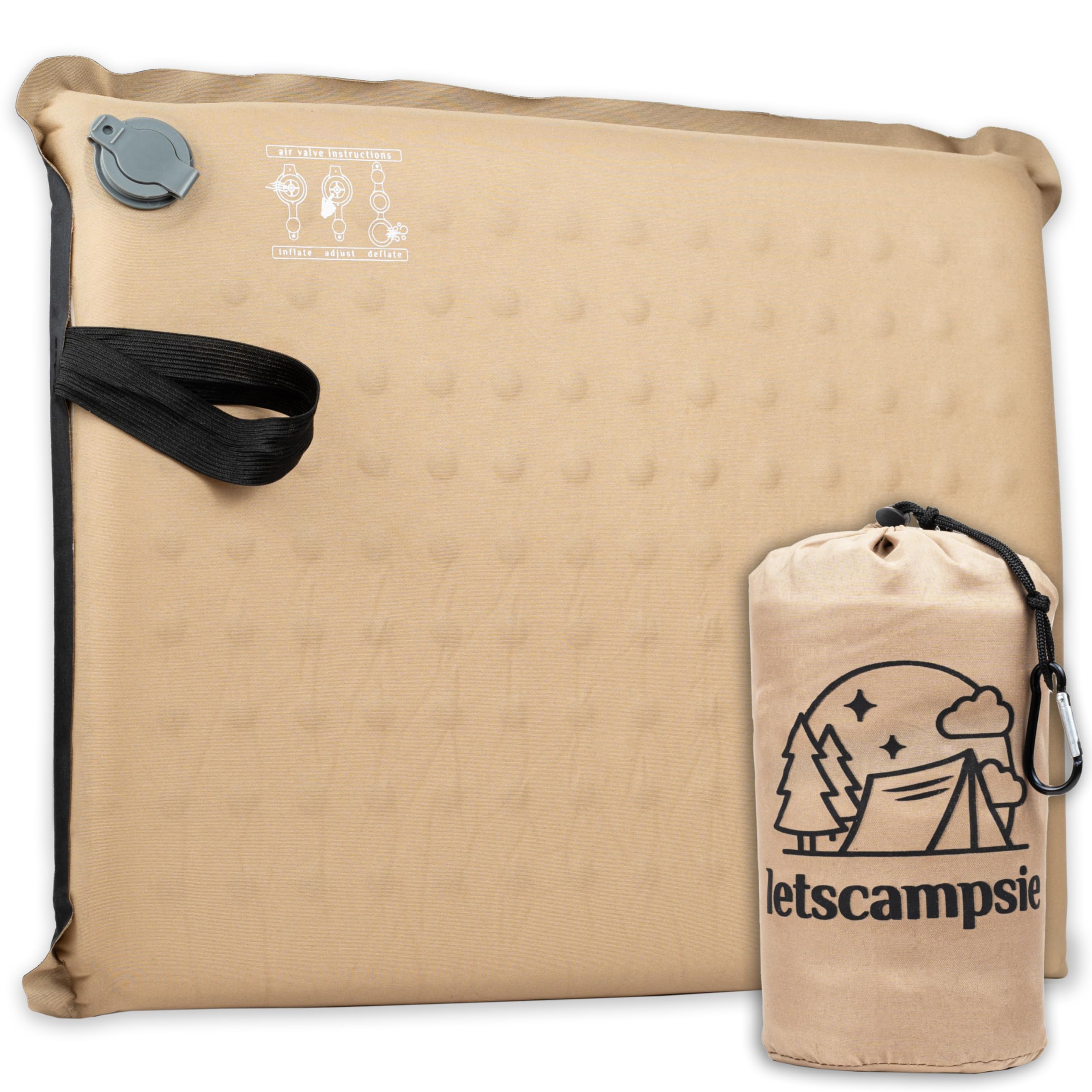 LetsCampsie Inflatable Seat Cushion; 2 Thick Foam; Portable and Lightweight; Travel Bag with Carabiner; Camping Airplane Office 