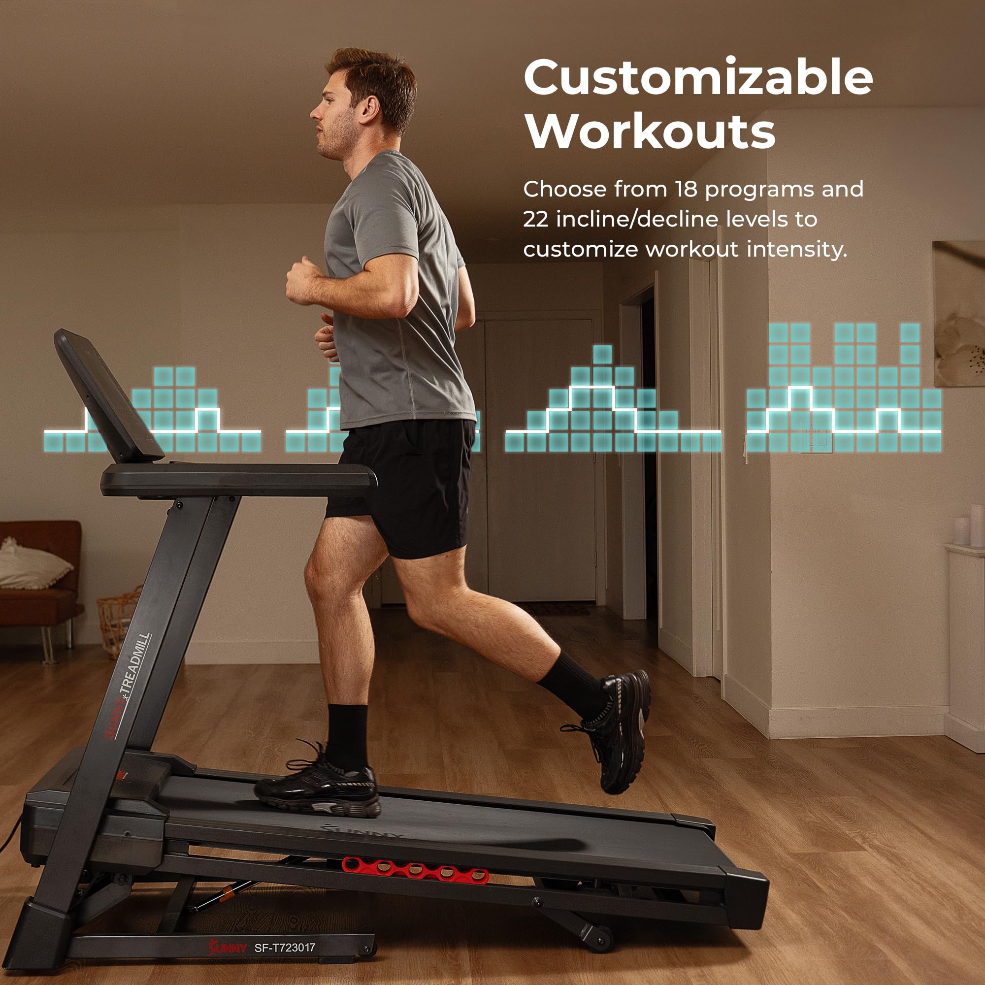 Sunny Health & Fitness Excel Smart Auto Incline/Decline for Home Use, 20    Wide Running and Walking Deck, Flex Shock Suspension