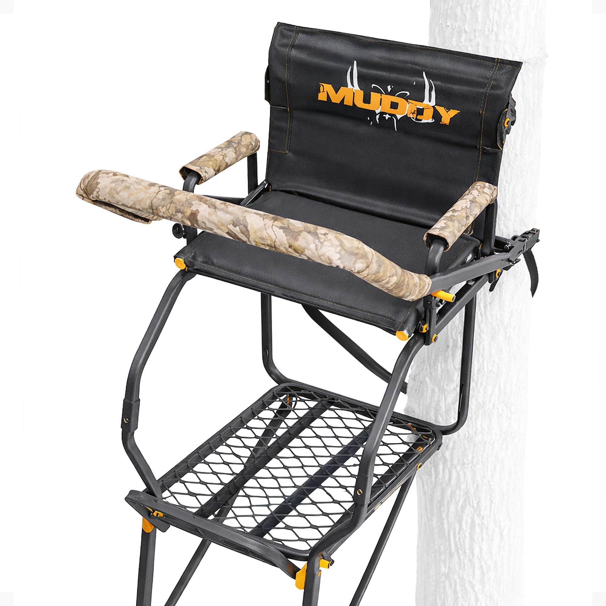 Muddy 1-Person Skybox Deluxe Steel Ladder Tree Stand, 20 ft Tall, 350 lb Capacity - Heavy-Duty Hunting Treestand with Flex-Tex S