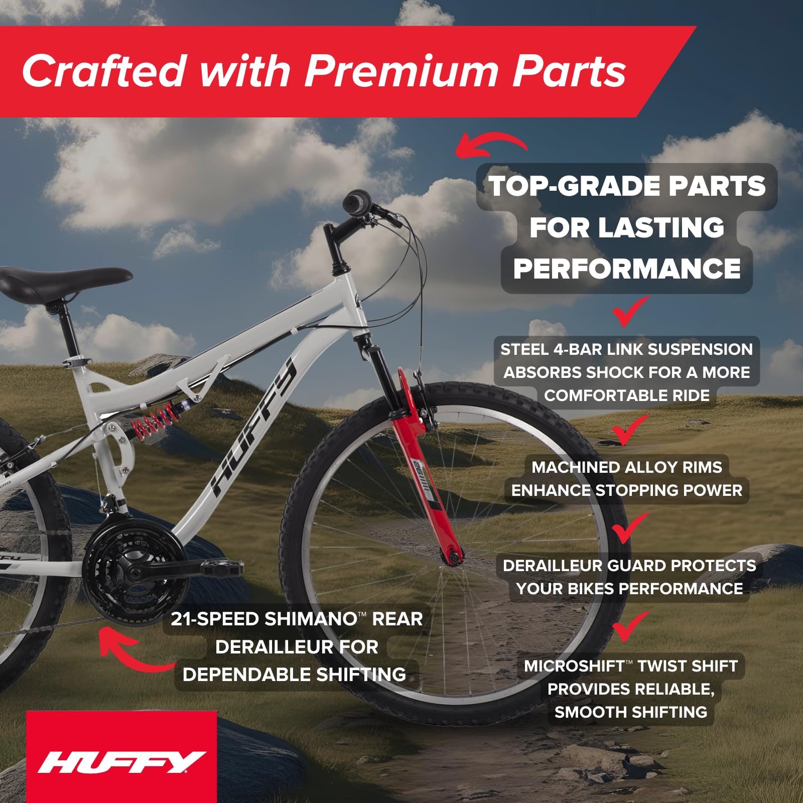 Huffy Stone Mountain 21-Speed Dual Suspension Mens Mountain Bike, 26-Inch, Gray