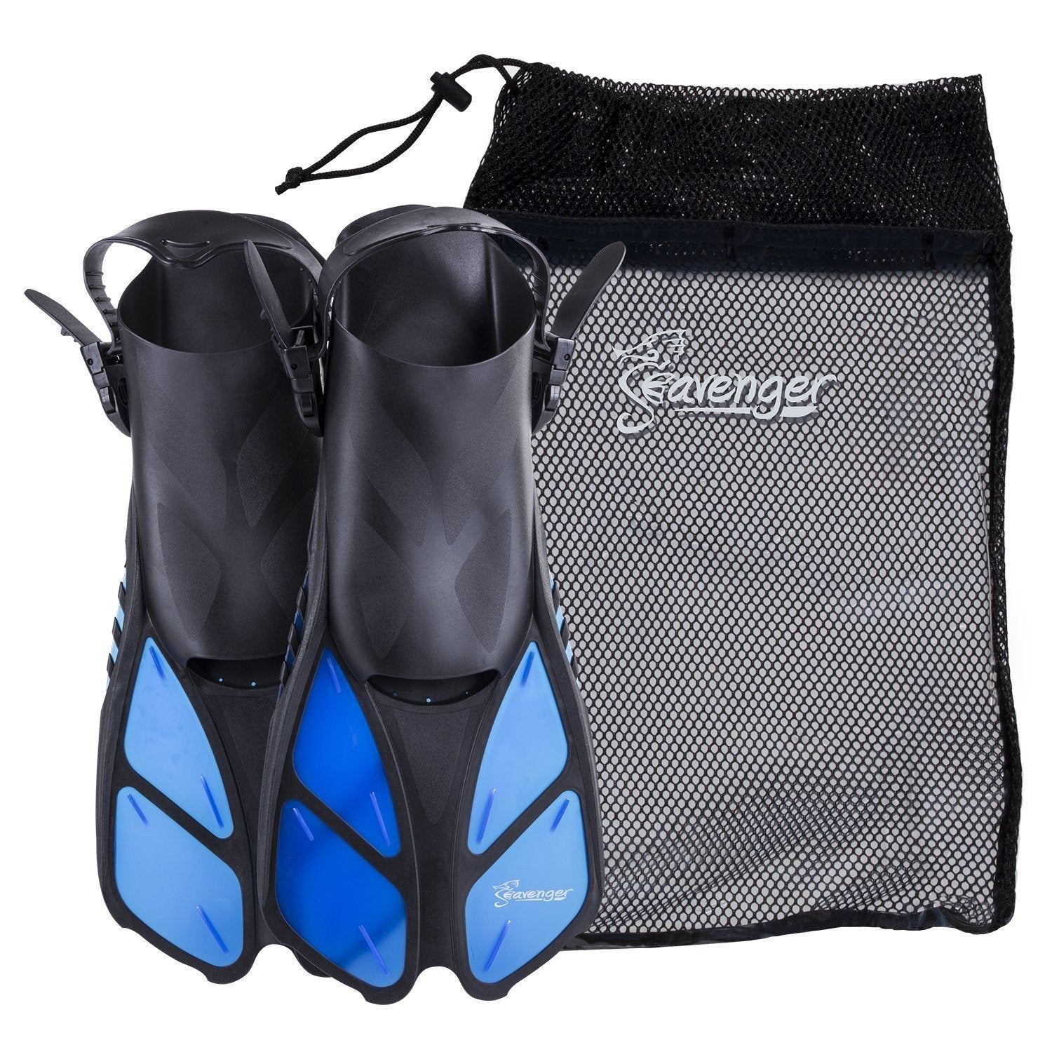 Seavenger Torpedo Swim Fins | Travel Size | Snorkeling Flippers With Mesh Bag For Women, Men And Kids (Blue, L/Xl)