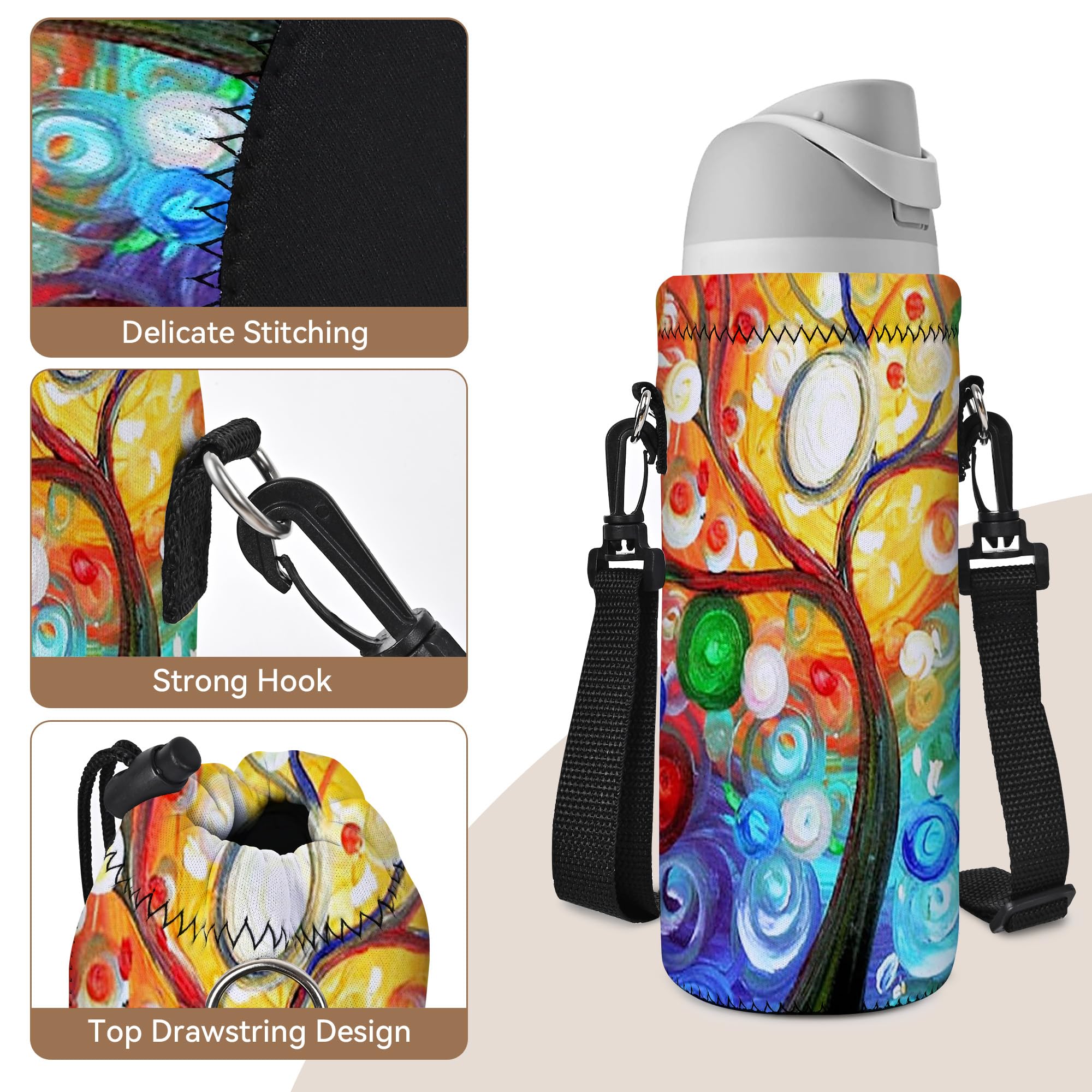 Aupet Water Bottle Carrier,Colorful Tree 500Ml Water Sport Bottle Cover Pouch Insulated Soft Sleeve Holder Case Shoulder Strap