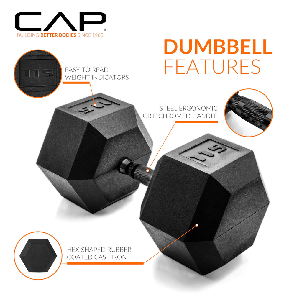CAP Barbell 115 LB Rubber Coated Hex Dumbbell Hand Weight - Pair | Black Handle
