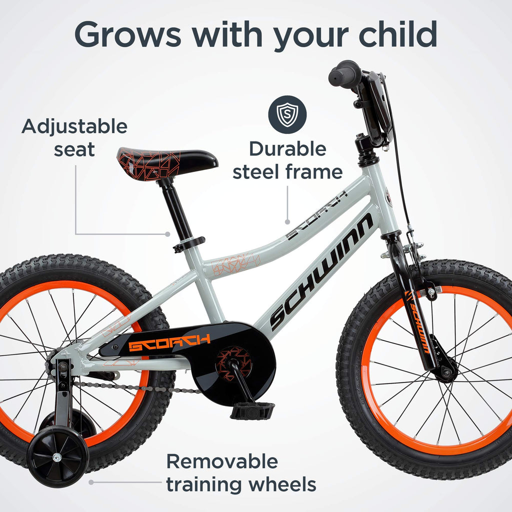 Schwinn Scorch Bike, 16 Inch Bike for Kids Ages 3-13, with Training Wheels or Adjustable Seat, Rear Coaster Brake & Front or Fro