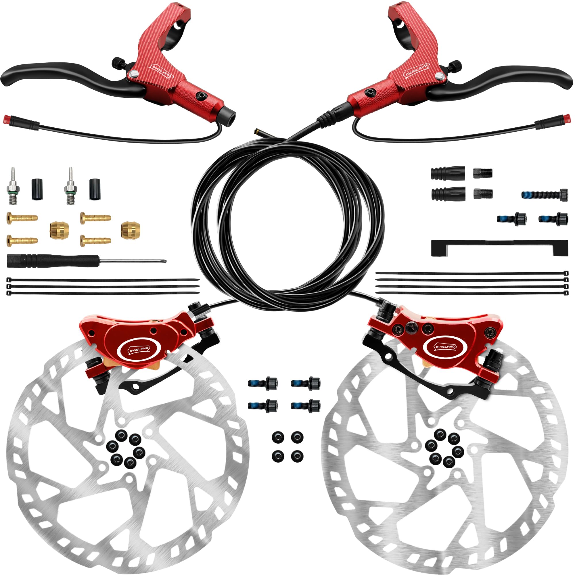 DYISLAND E-Bike Hydraulic Disc Brake Set 4-Pistons/2-Pistons, 2-PIN/3-PIN Pre-Bled with Mineral Oil Brakes Kit,Front and Rear Se