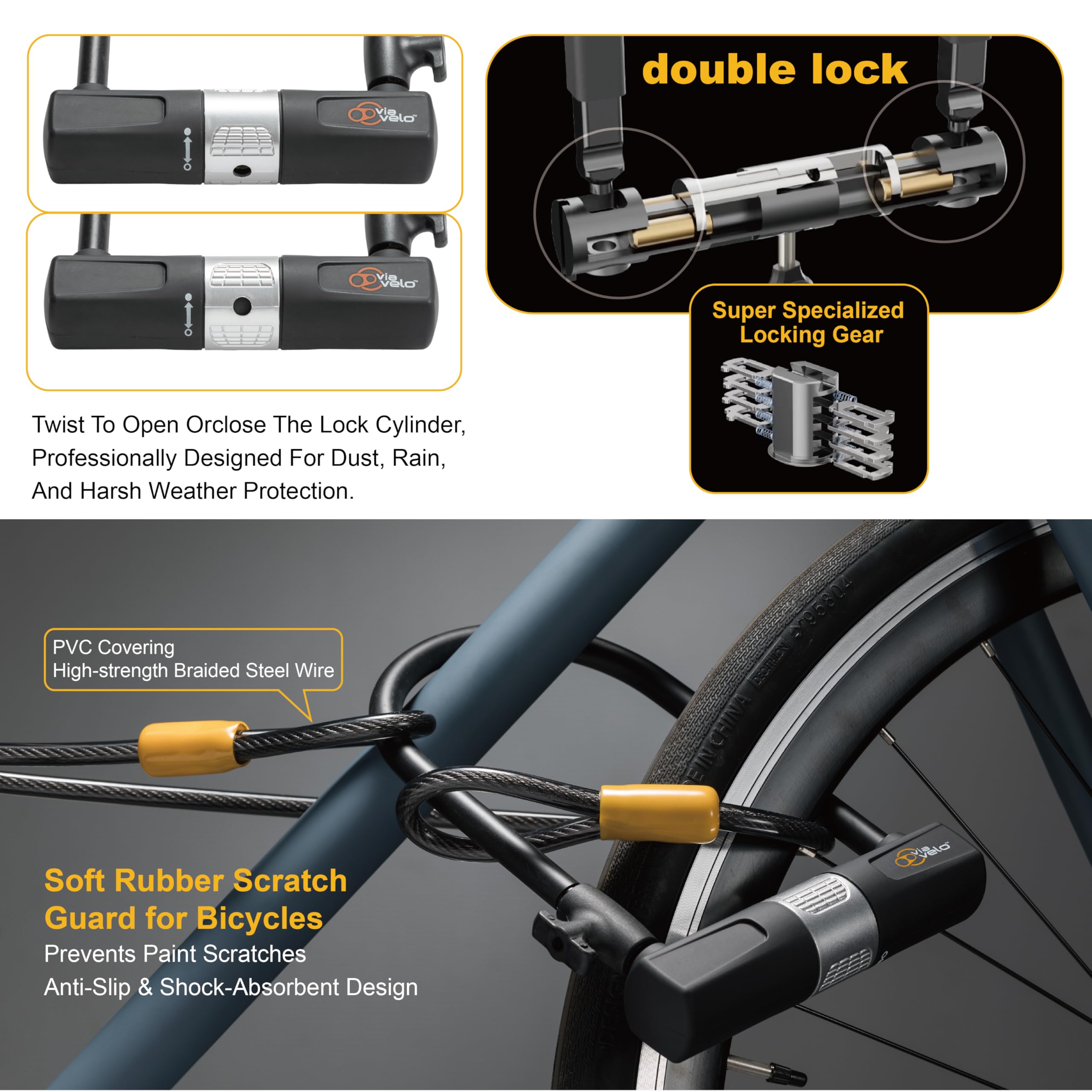 Bike U Lock With Cable - Via Velo Bike Lock Heavy Duty Bicycle U-Lock,14Mm Shackle And 10Mm X1.8M Cable With Mounting Bracket Fo