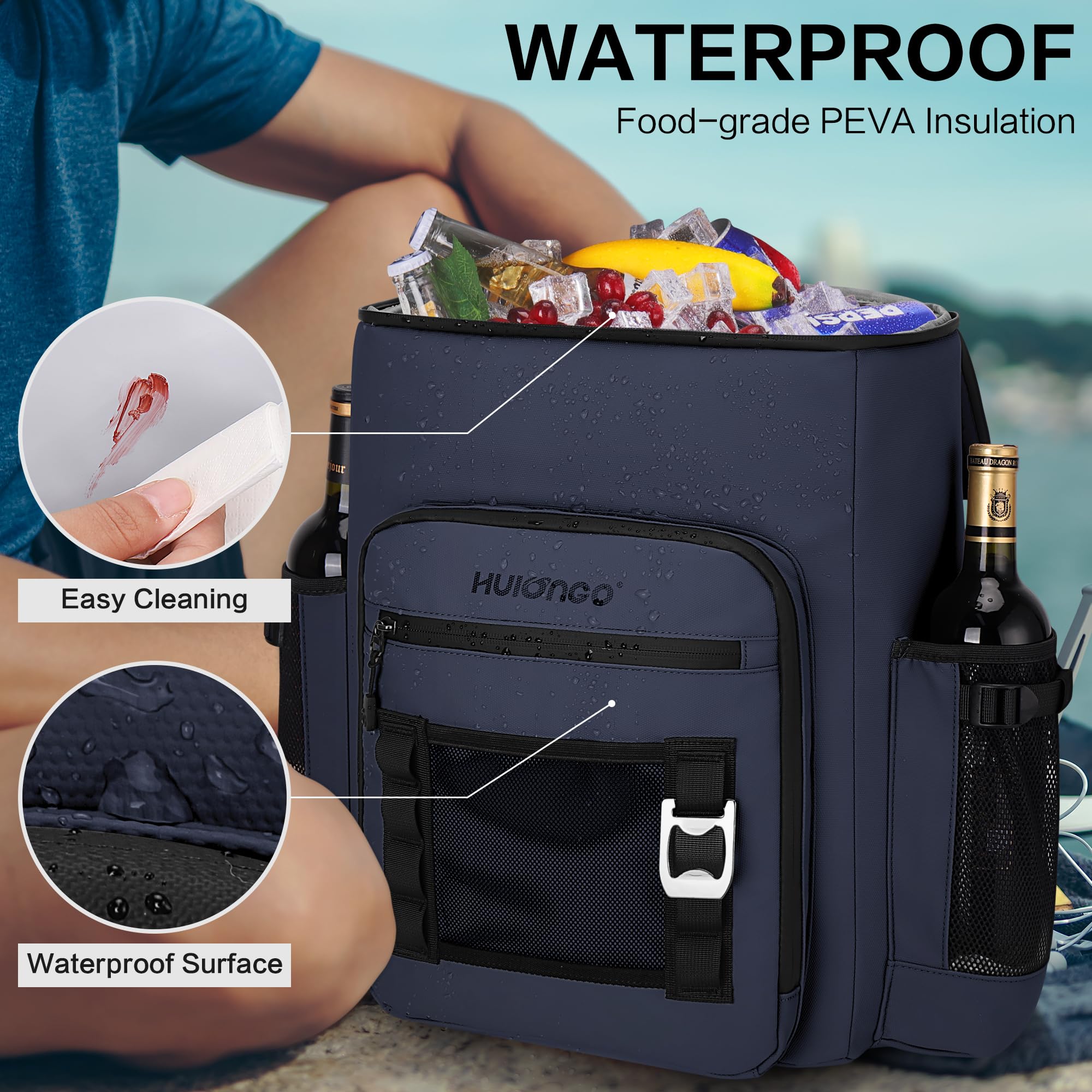 Hulongo Large 52cans Waterproof Insulated Cooler Backpack for Men & Women, Leak Proof Backpack Cooler, Soft, 8Gal (Dark Blue)