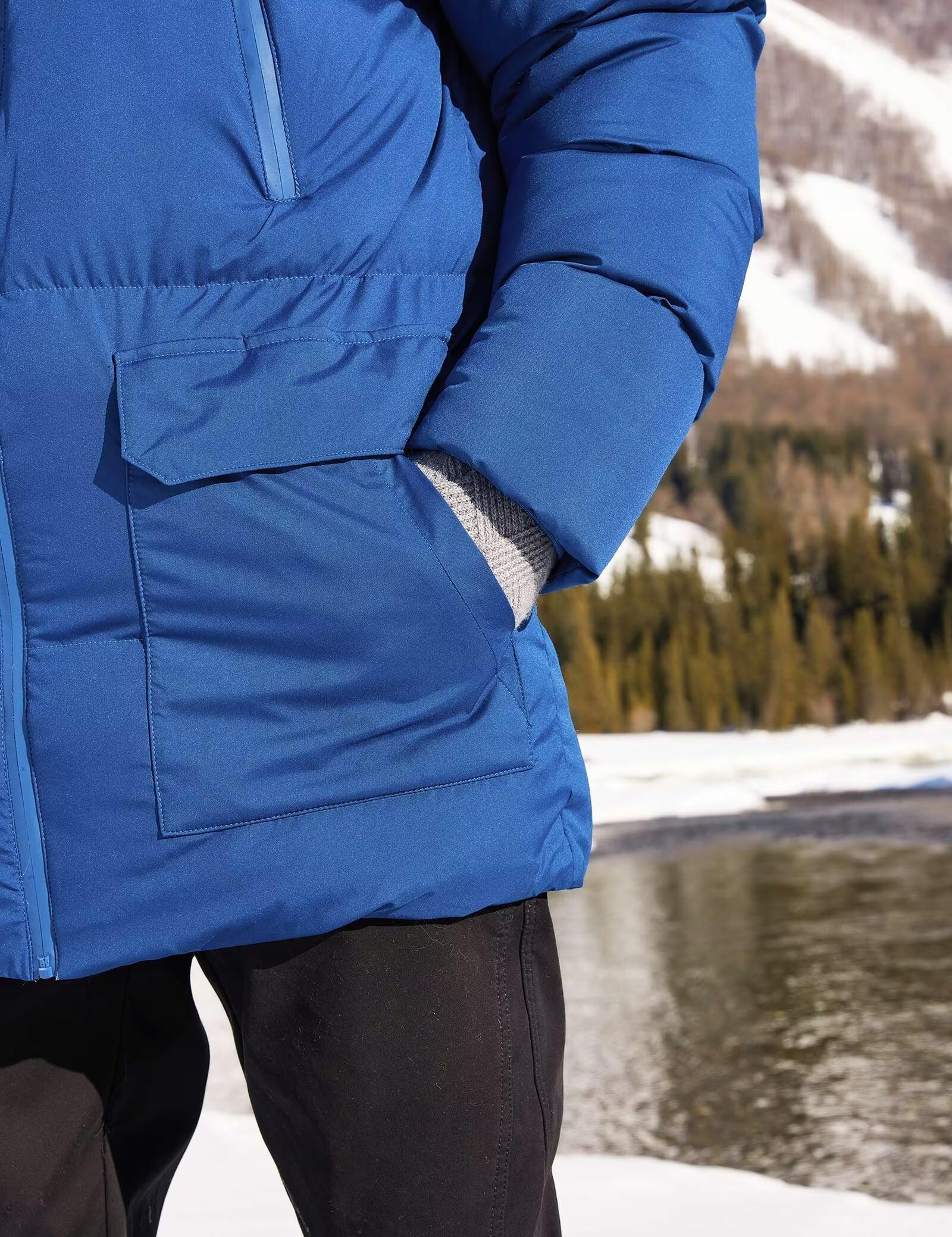 Rejork Men s Long Winter Coat Hooded Warm Quilted Jacket Water-resistant Cold Weather Parka Royal Blue L