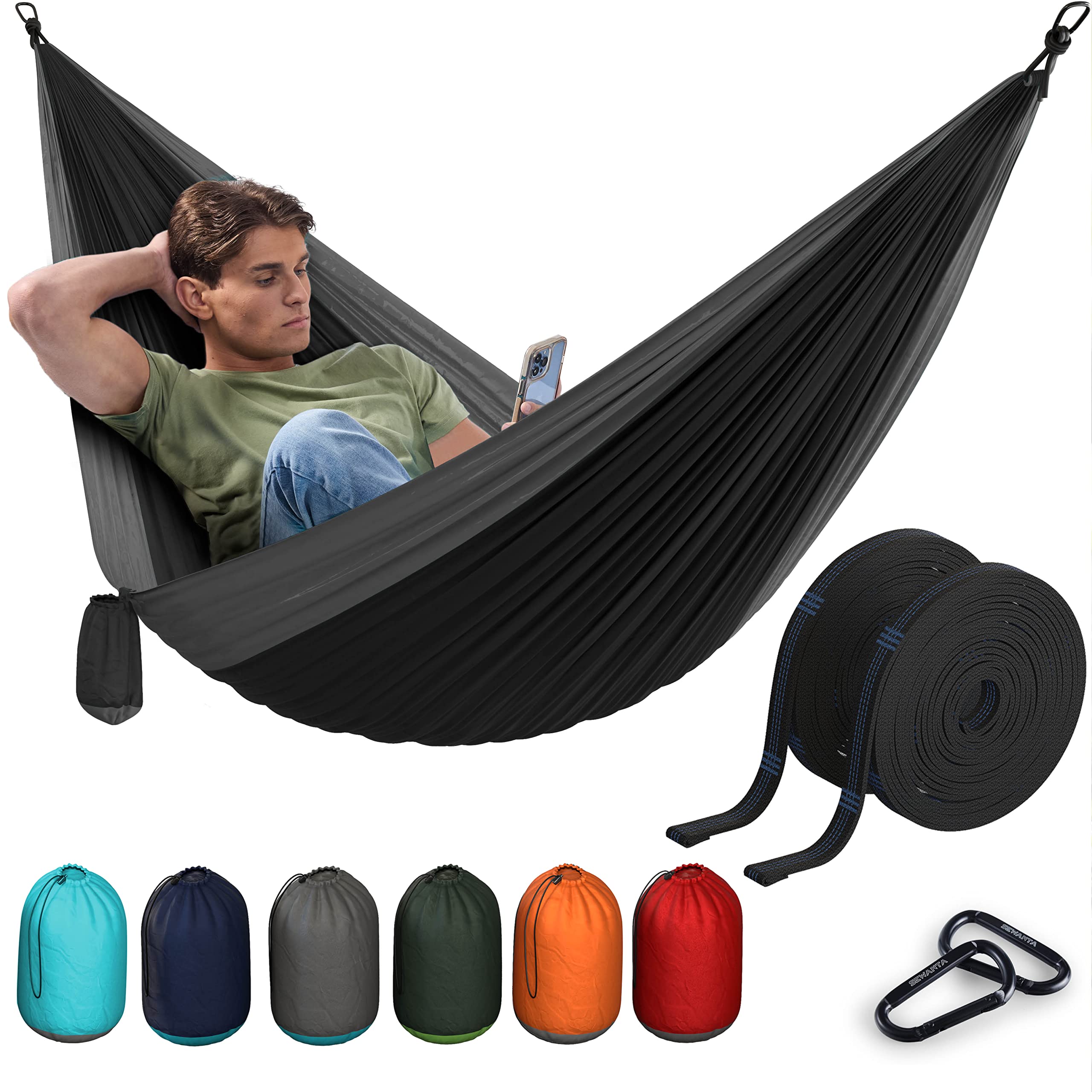 Durable Hammock 400 Lb Capacity, Lightweight Nylon Camping Hammock Chair - Double Or Single Sizes W/ Tree Straps And Attached Ca