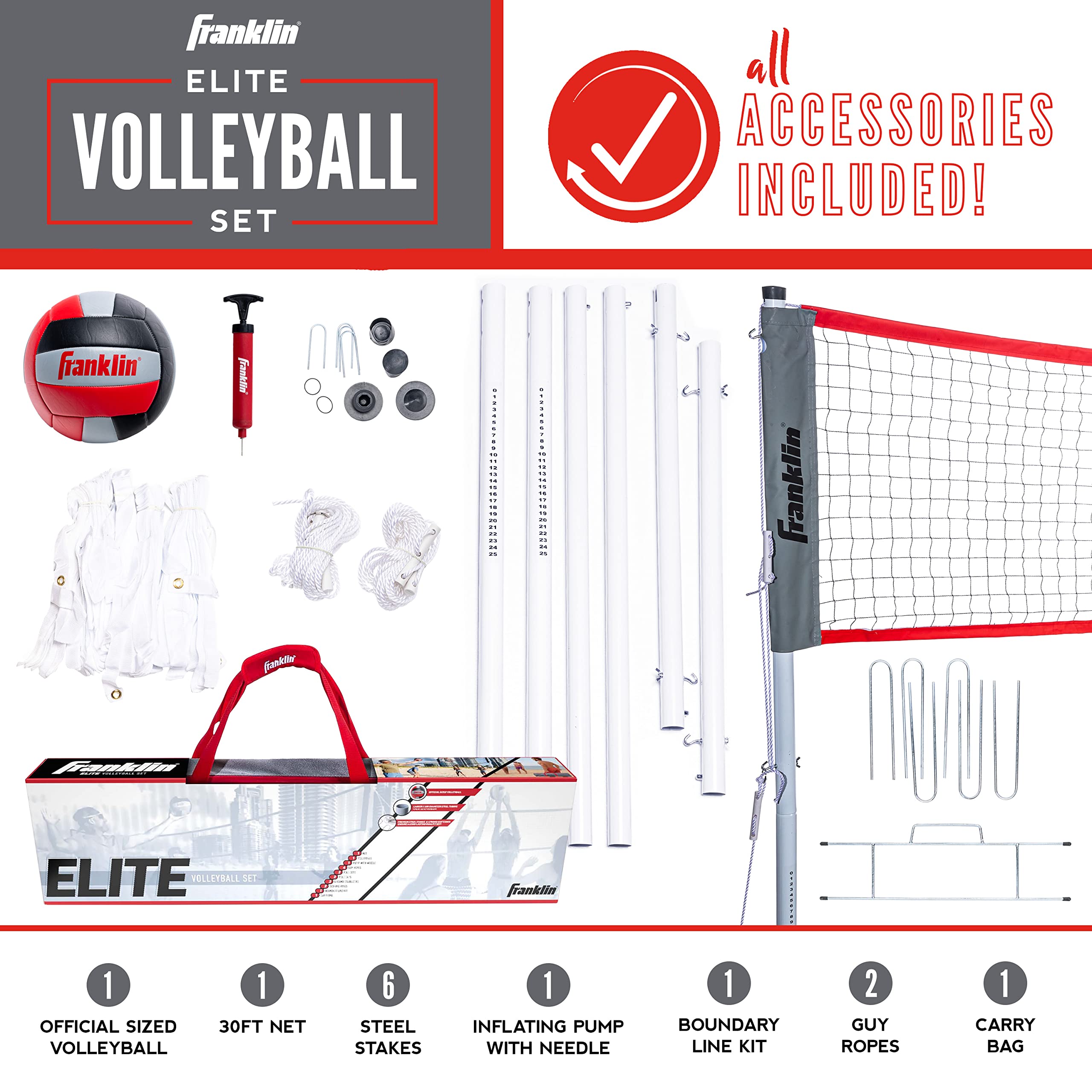 Franklin Sports Elite Volleyball Net Set - Includes Pro Style Ball With Pump, Poles/Net, Stakes, Ropes, Boundary Kit - Beach + B