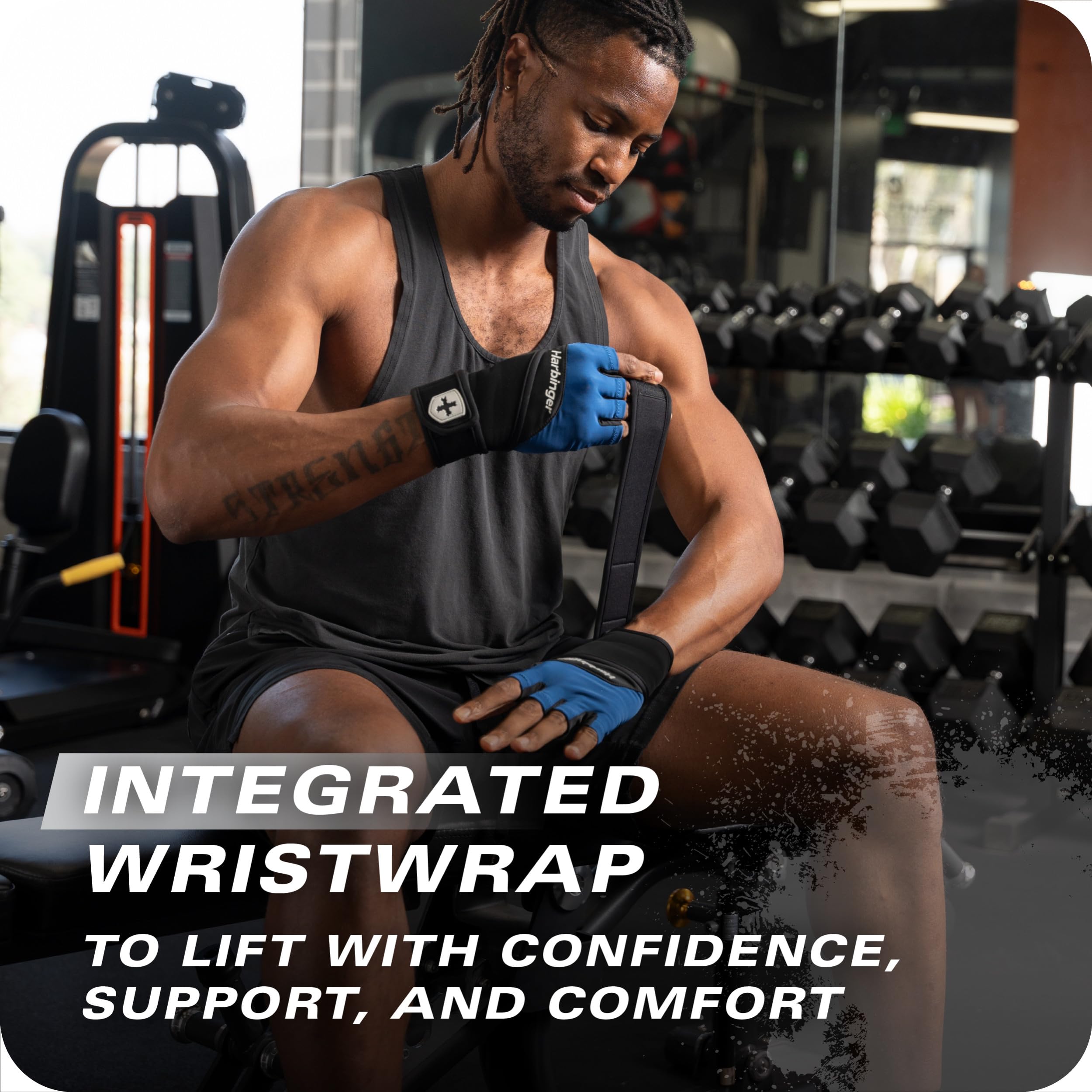 Harbinger Training Grip Wrist Wrap Gloves - Enhanced Grip & Wrist Support, Breathable Lycra Back, Padded Leather Palm, Half-Fing