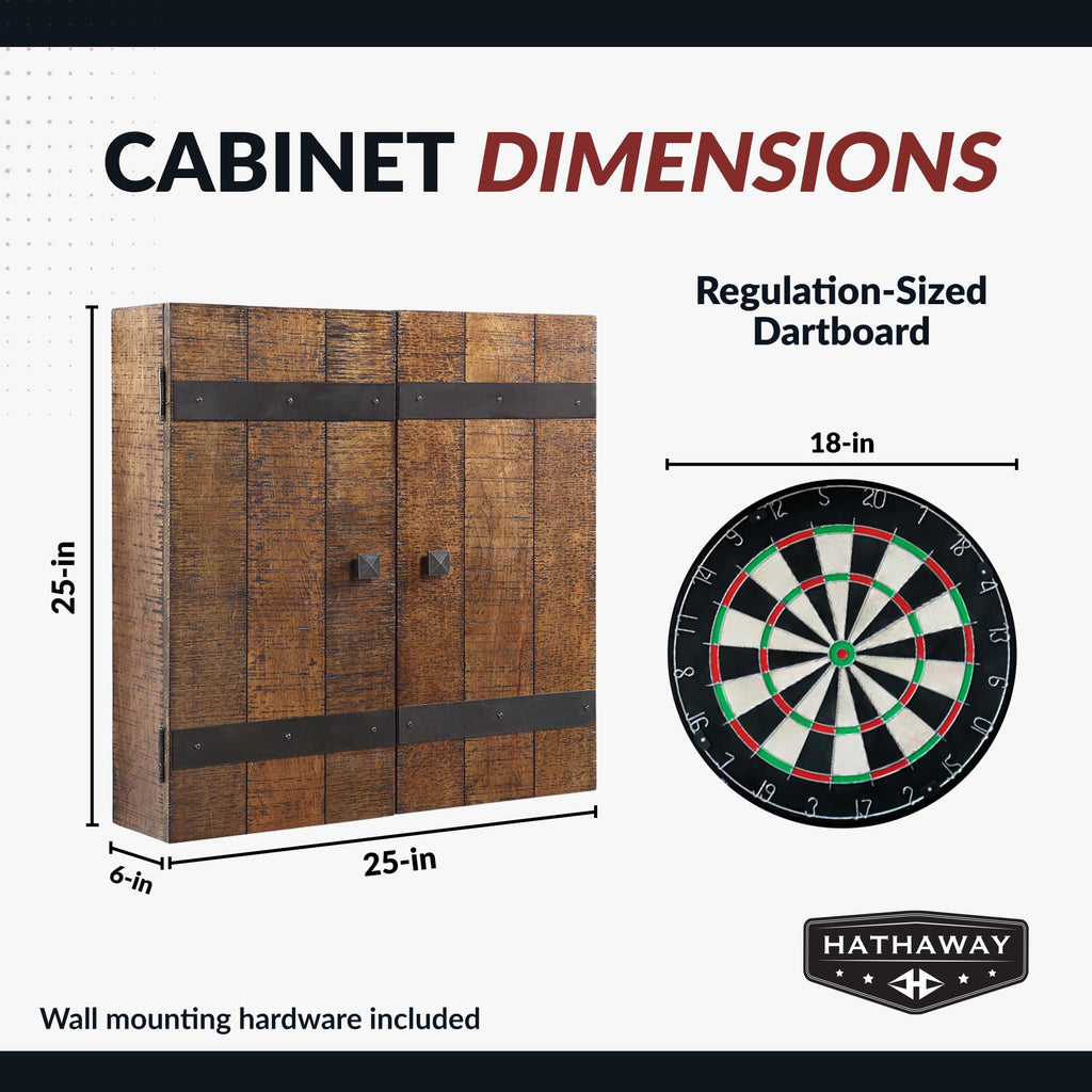 Hathaway Drifter Solid Wood Dartboard & Cabinet Set, Rustic Oak, 6'' L W X 25'' H