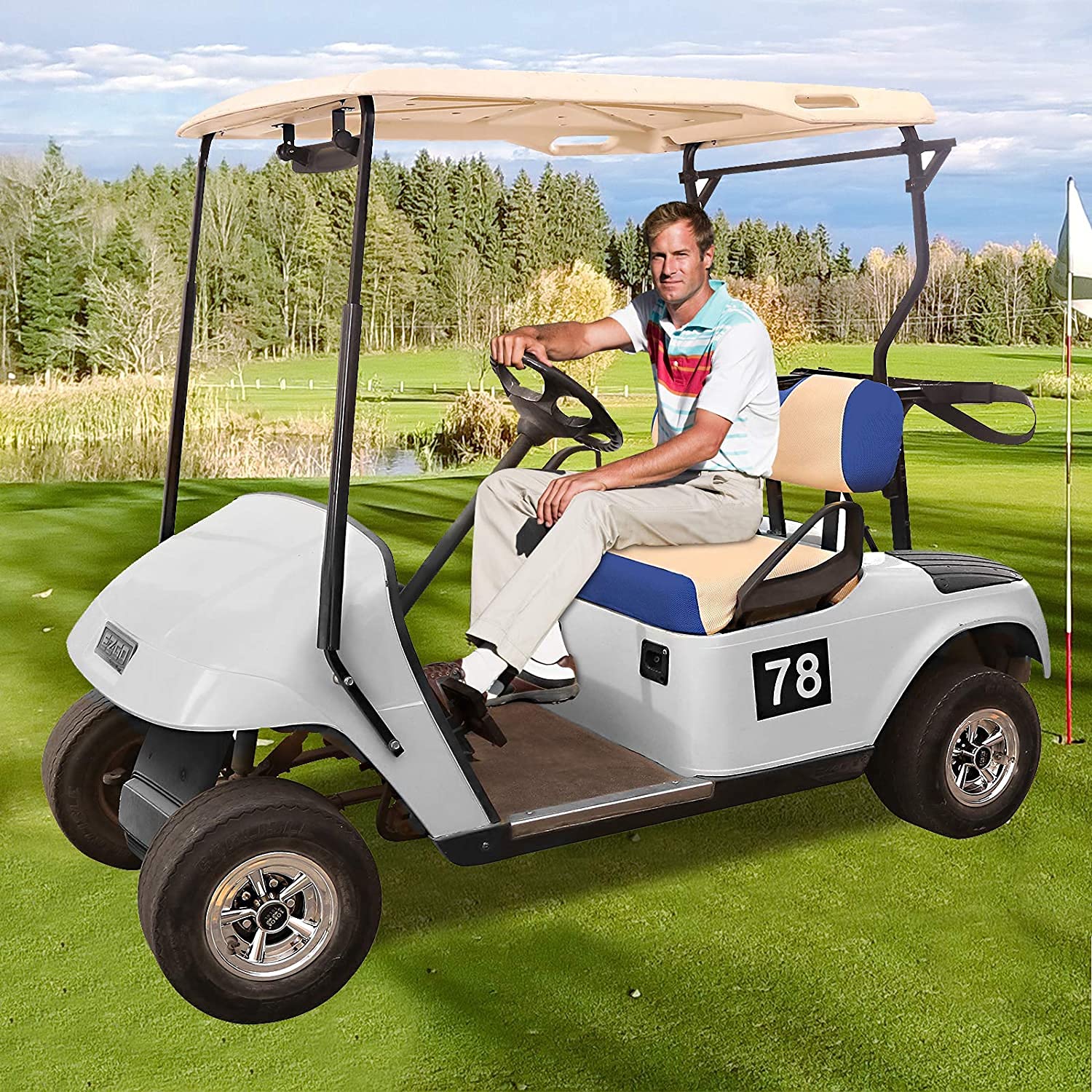 10L0L Golf Cart Seat Covers For Ezgo Txt Rxv & Club Car Ds 2000-Up, Breathable Air Mesh Fabric Washable - Beige Blue