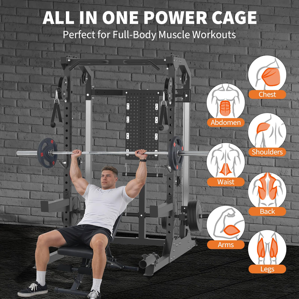 Power Cage, 2000 LB Squat Rack with Dual Pulley Cable Crossover, Multi-Function Home Gym Power Rack with Attachments, Full Body
