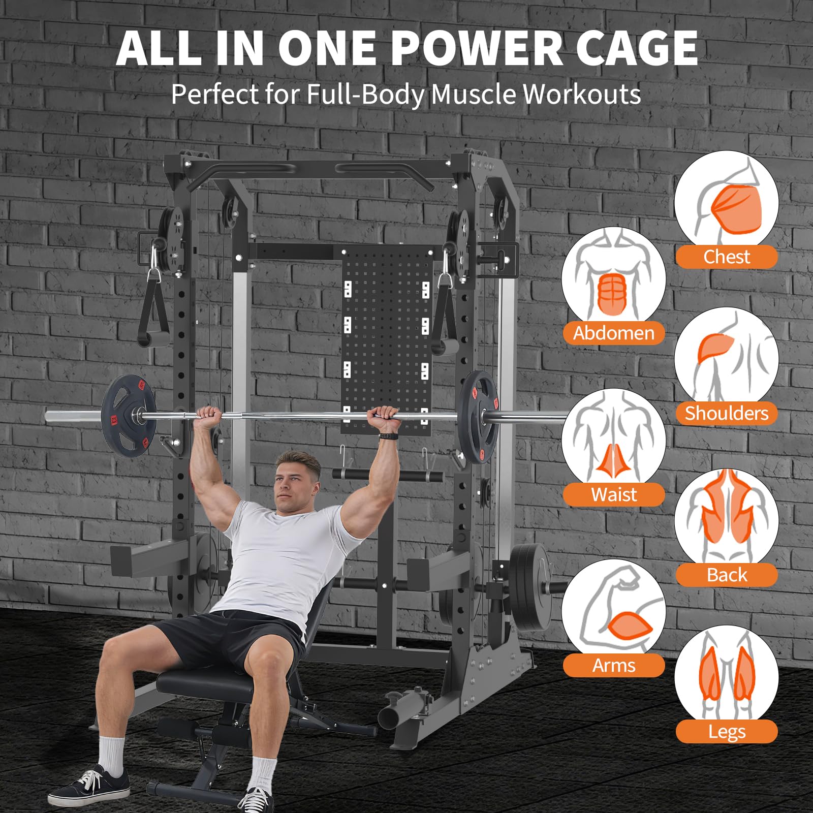 Power Cage, 2000 LB Squat Rack with Dual Pulley Cable Crossover, Multi-Function Home Gym Power Rack with Attachments, Full Body