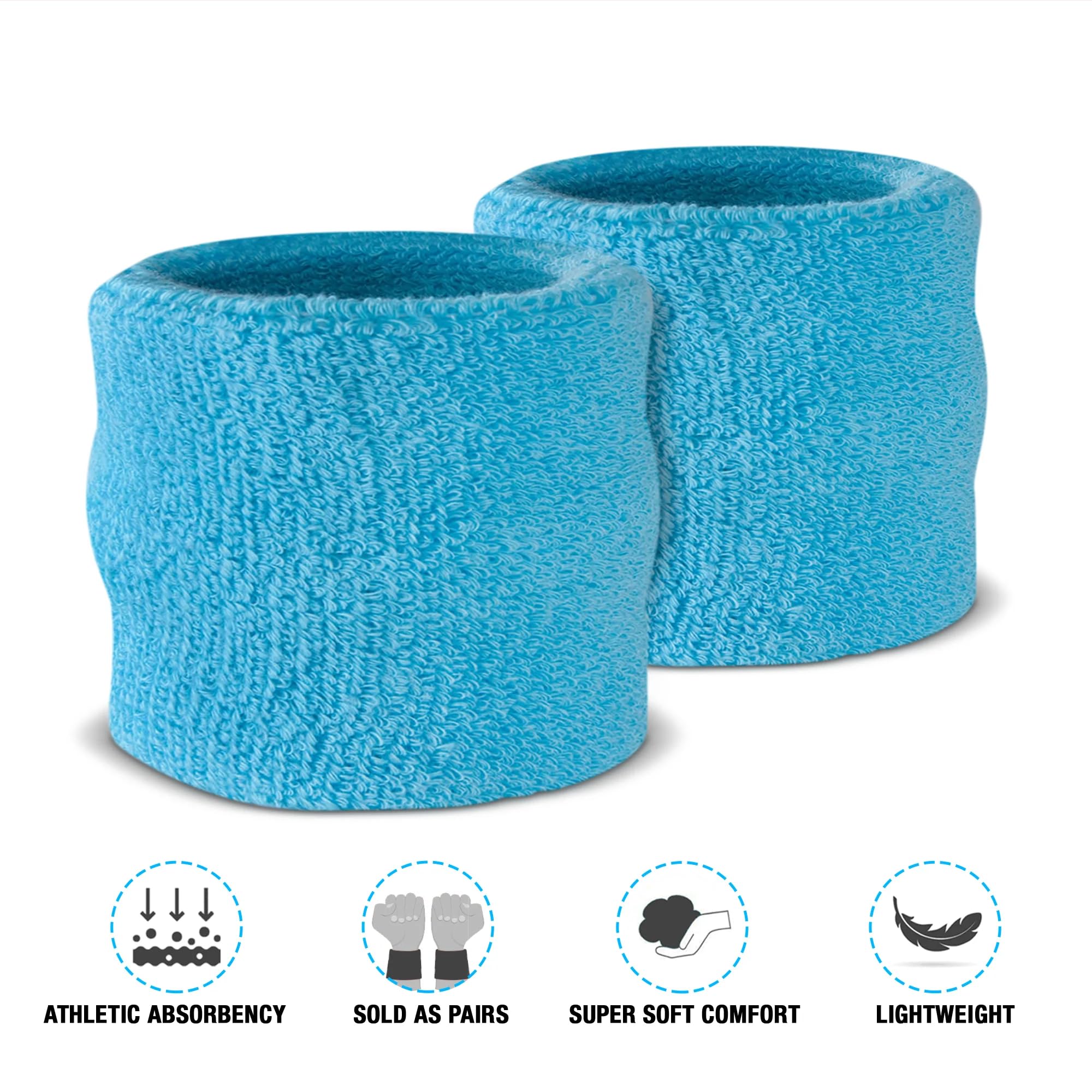 Suddora Kids Wrist Sweatbands - Athletic Cotton Terry Cloth Sports Wristbands For Kids (Pair) (Neon Blue)