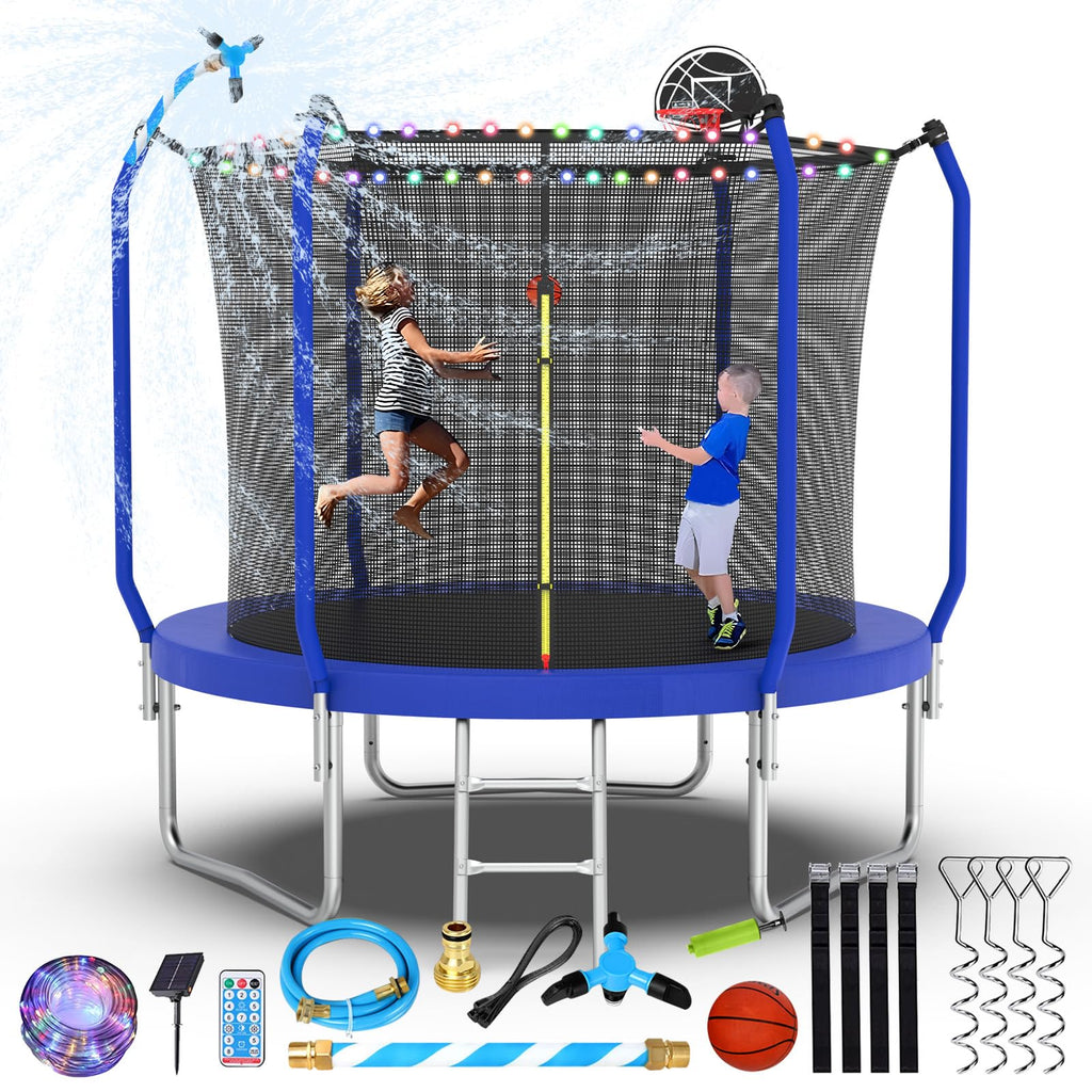 Lyromix Upgraded 8FT Trampoline for Kids and Adults, Large Outdoor Trampoline with Basketball,Stakes, Light, Sprinkler,Basketbal