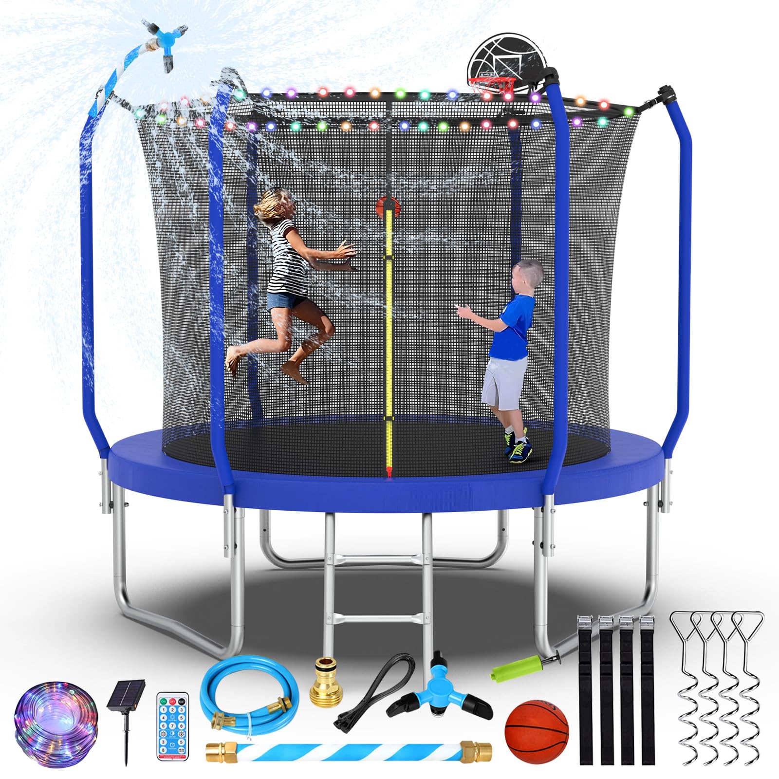 Lyromix Upgraded 8FT Trampoline for Kids and Adults, Large Outdoor Trampoline with Basketball,Stakes, Light, Sprinkler,Basketbal