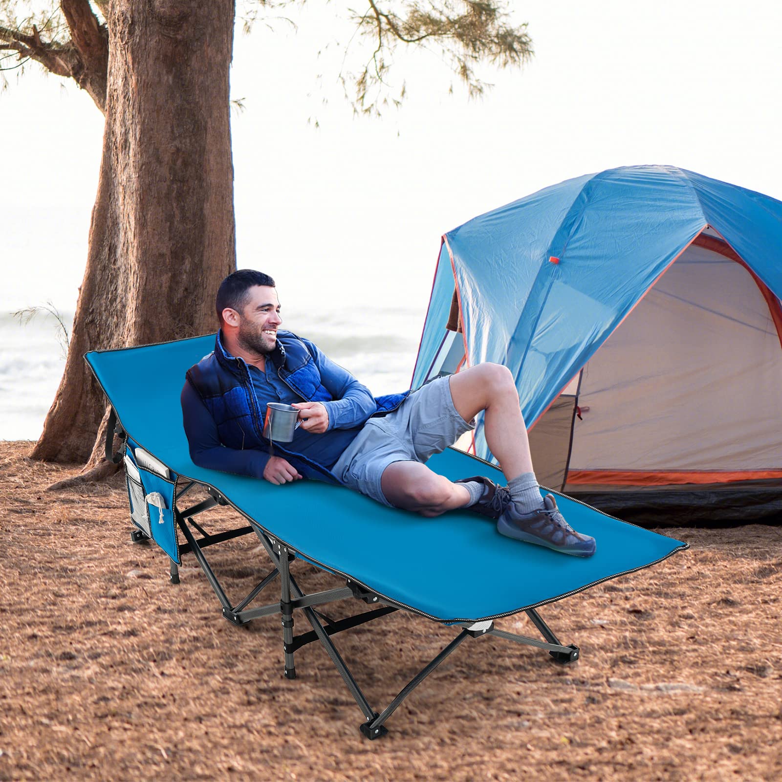Gymax Camping Cot, 600 Lbs Heavy Duty Sleeping Cot W/Ergonomic Incline Design, 3-In-1 Pocket, Carry Bag, Folding Cot For Adults