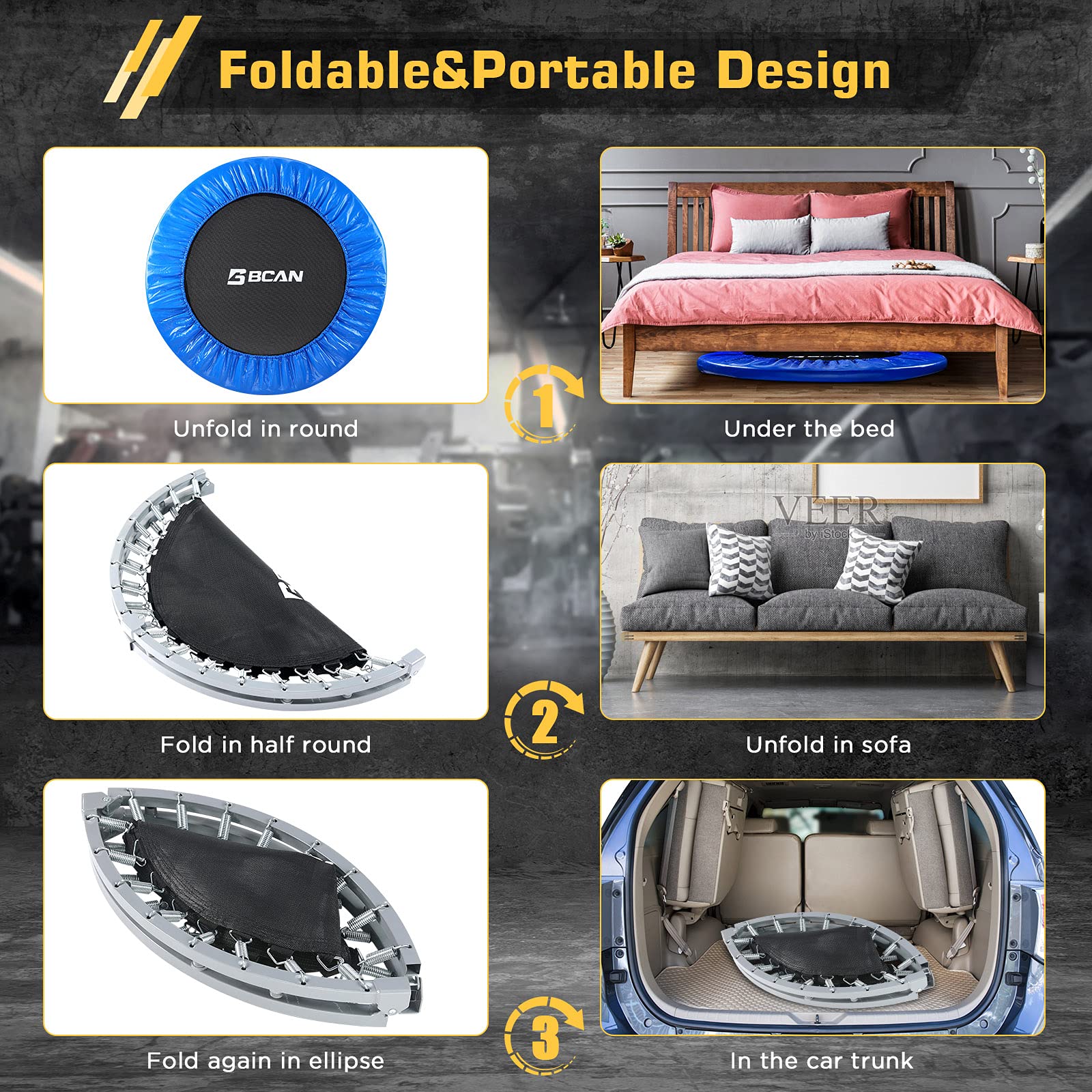 Bcan 38'' Foldable Mini Trampoline, Fitness Trampoline With Safety Pad, Stable & Quiet Exercise Rebounder For Kids Adults Indoor