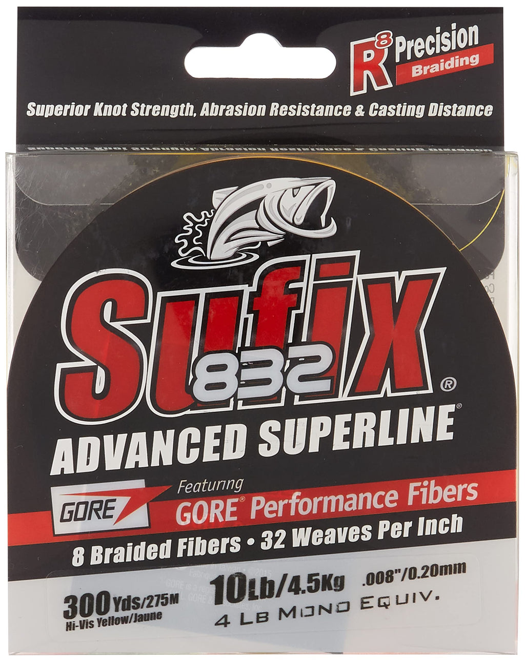 Sufix 832 Advanced Superline Braid, Hi-Vis Yellow, 10-Pound/300-Yard Spool (660-110Y)