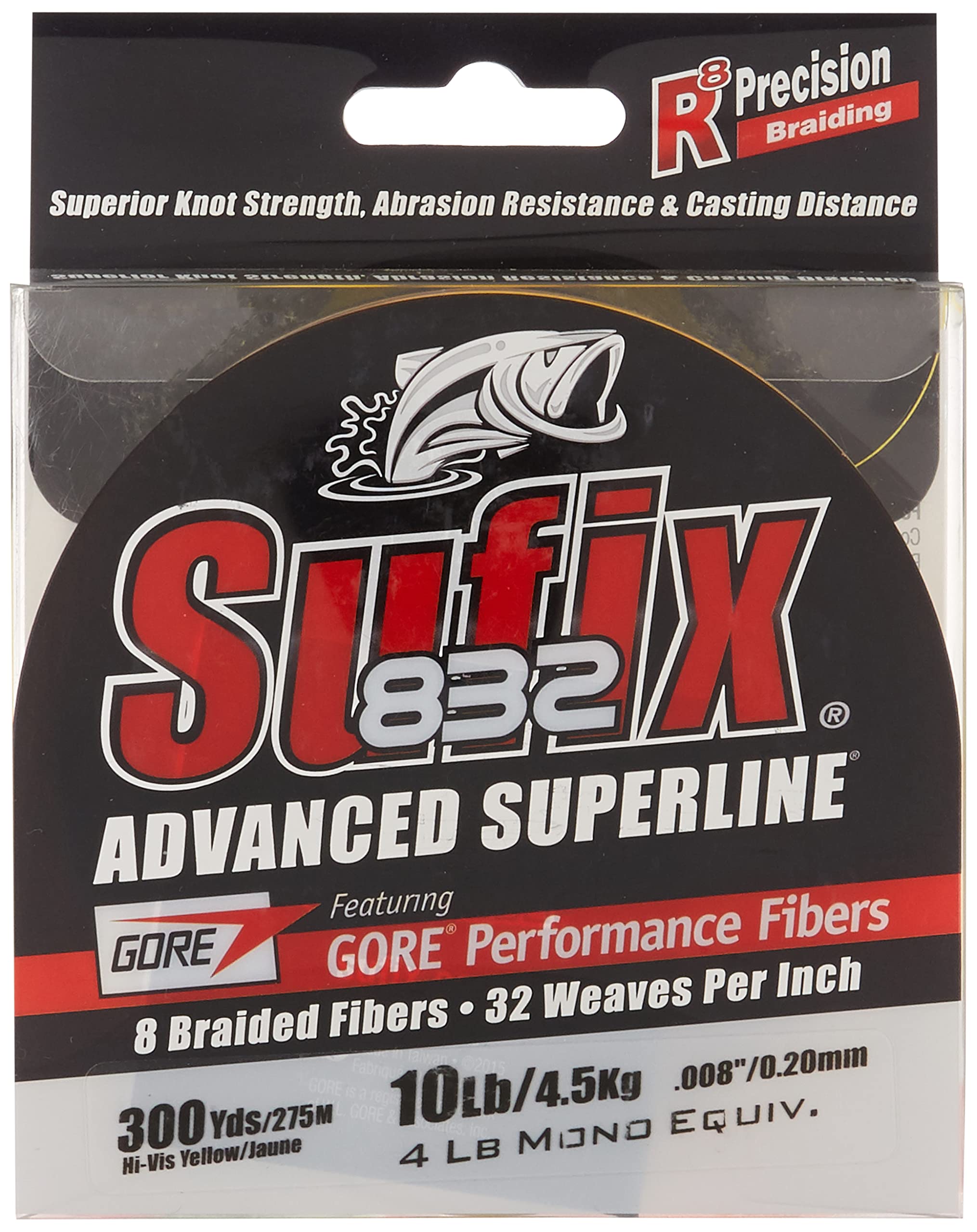 Sufix 832 Advanced Superline Braid, Hi-Vis Yellow, 10-Pound/300-Yard Spool (660-110Y)