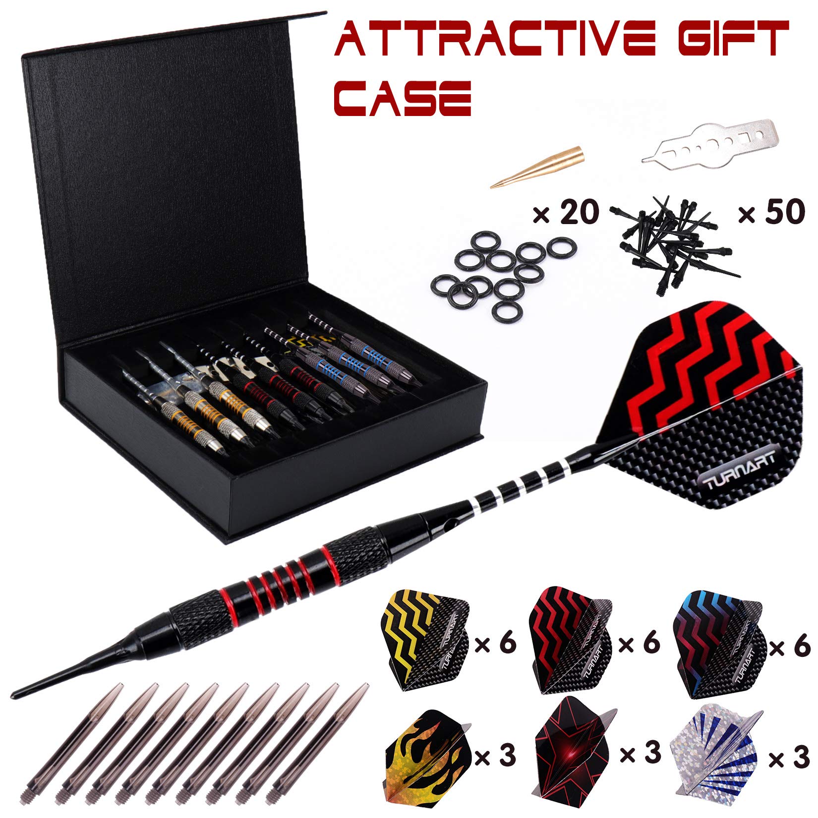 Darts Plastic Tip - Professional Soft Tip Darts Set For Electronic Dartboard 9 Pcs 18 Grams With 50 Extra Tips 9 Shafts 27 Fligh