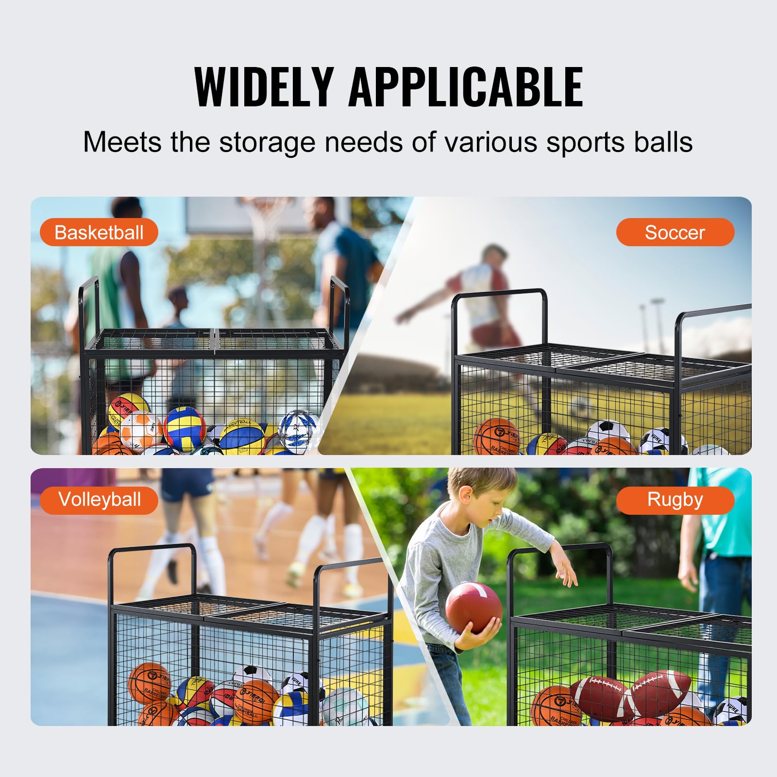 Vevor Rolling Sports Ball Storage Cart, Lockable Basketball Cage With Double Lids, Sport Equipment Holder Organizer For Indoor O