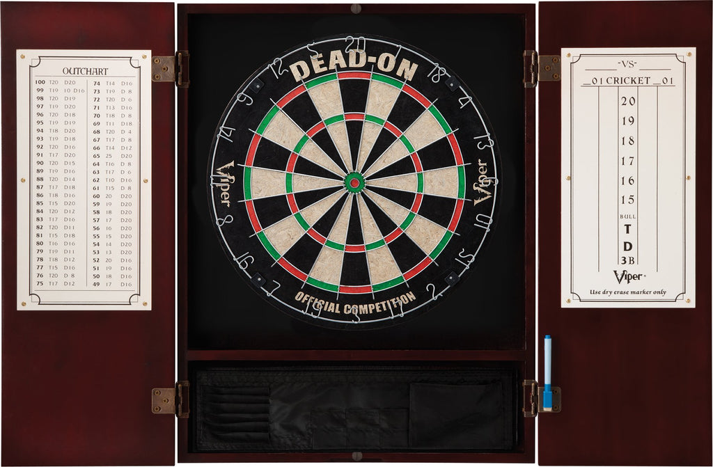 Viper Metropolitan Solid Wood Cabinet & Sisal/Bristle Dartboard Ready-To-Play Bundle: Deluxe Set (Dead On Dartboard And Darts), 