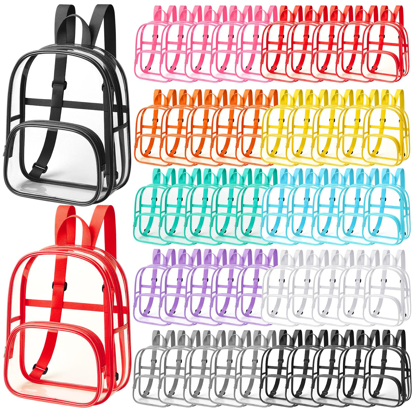 Aliceset 50 Pcs Clear Backpack Bulk Waterproof Transparent Colorful Bookbag Donation Supply Kits for Women Men (18 Inch)
