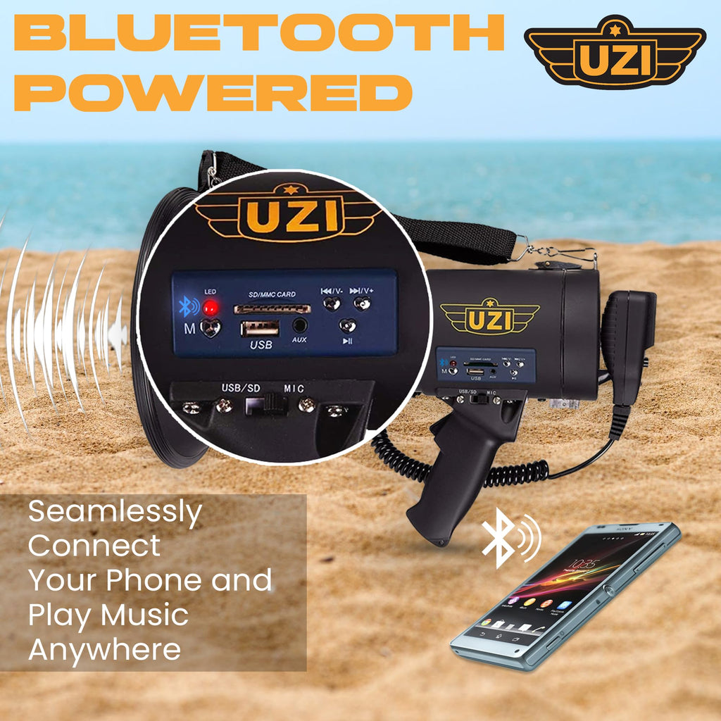 Uzi High Power Loud Big Bluetooth Megaphone 50W, Real Siren, Bullhorn, Rechargeable Battery, Portable Speaker, Pa System, Adjust