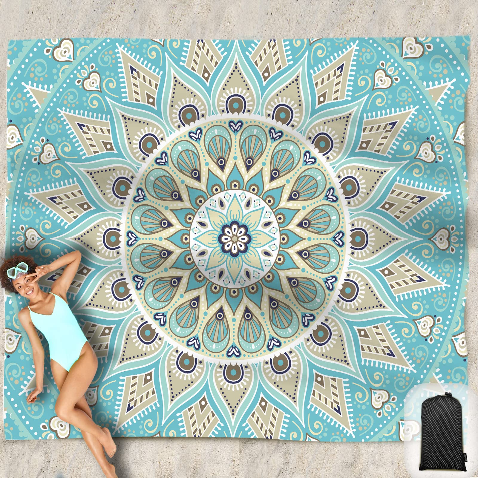 Hiwoss Beach Blanket Waterproof Sandproof Oversized 95X 80,Sand Free Beach Mat With Corner Pockets,Portable Mesh Bag For Beach F